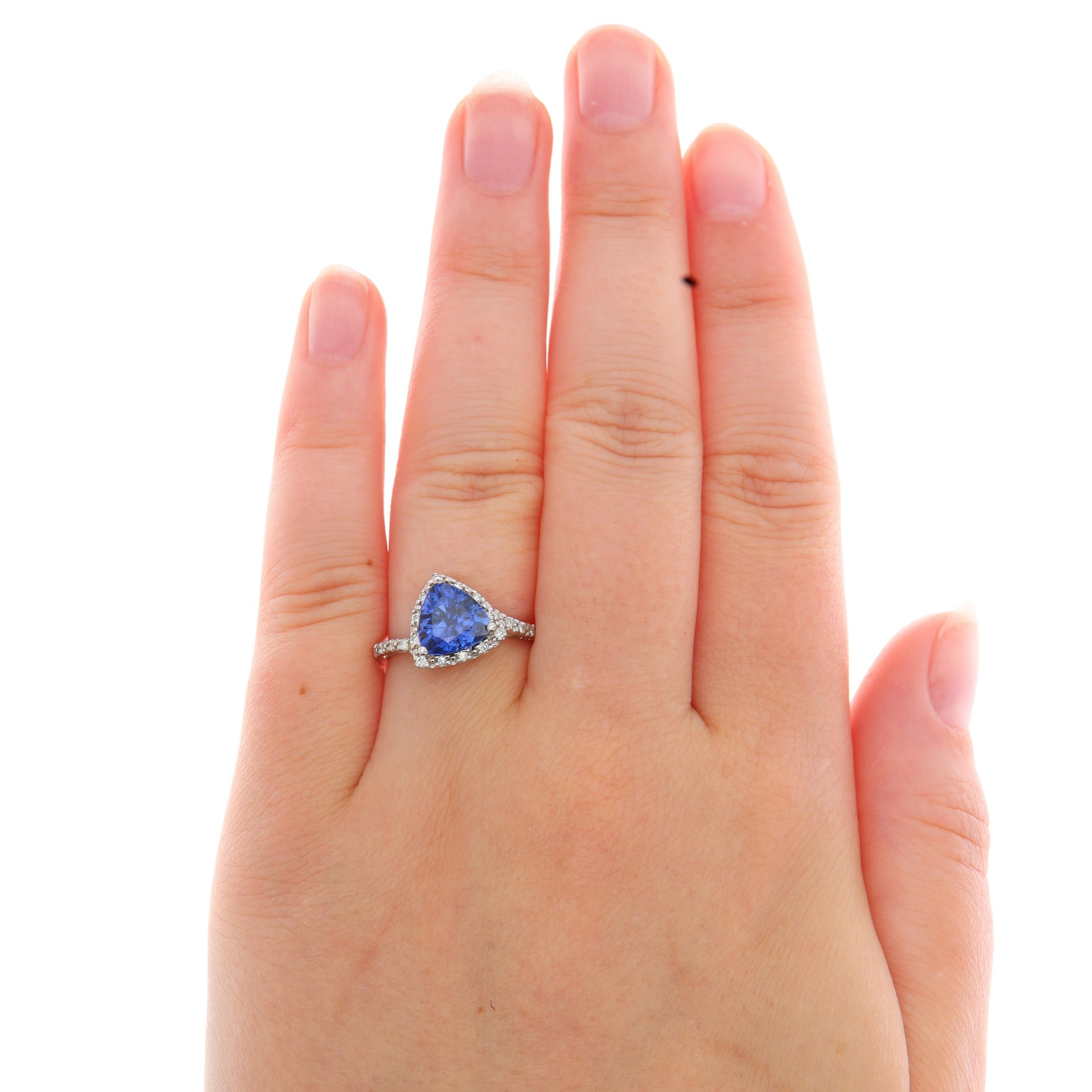 14k White Gold Synthetic Sapphire Trillion and Diamond Halo Ring