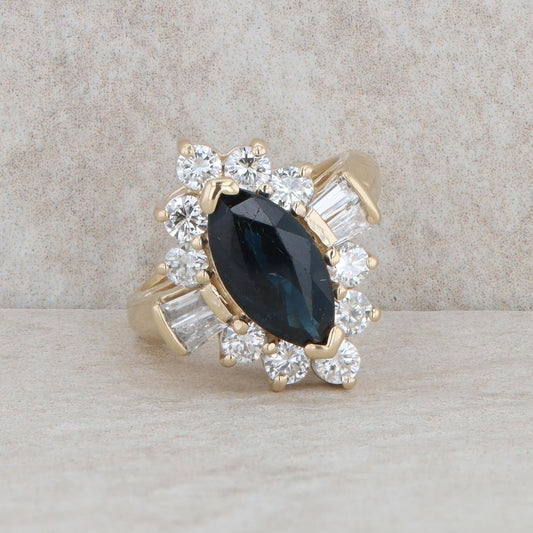 14k Yellow Gold Marquise Sapphire and Diamond Halo Ring