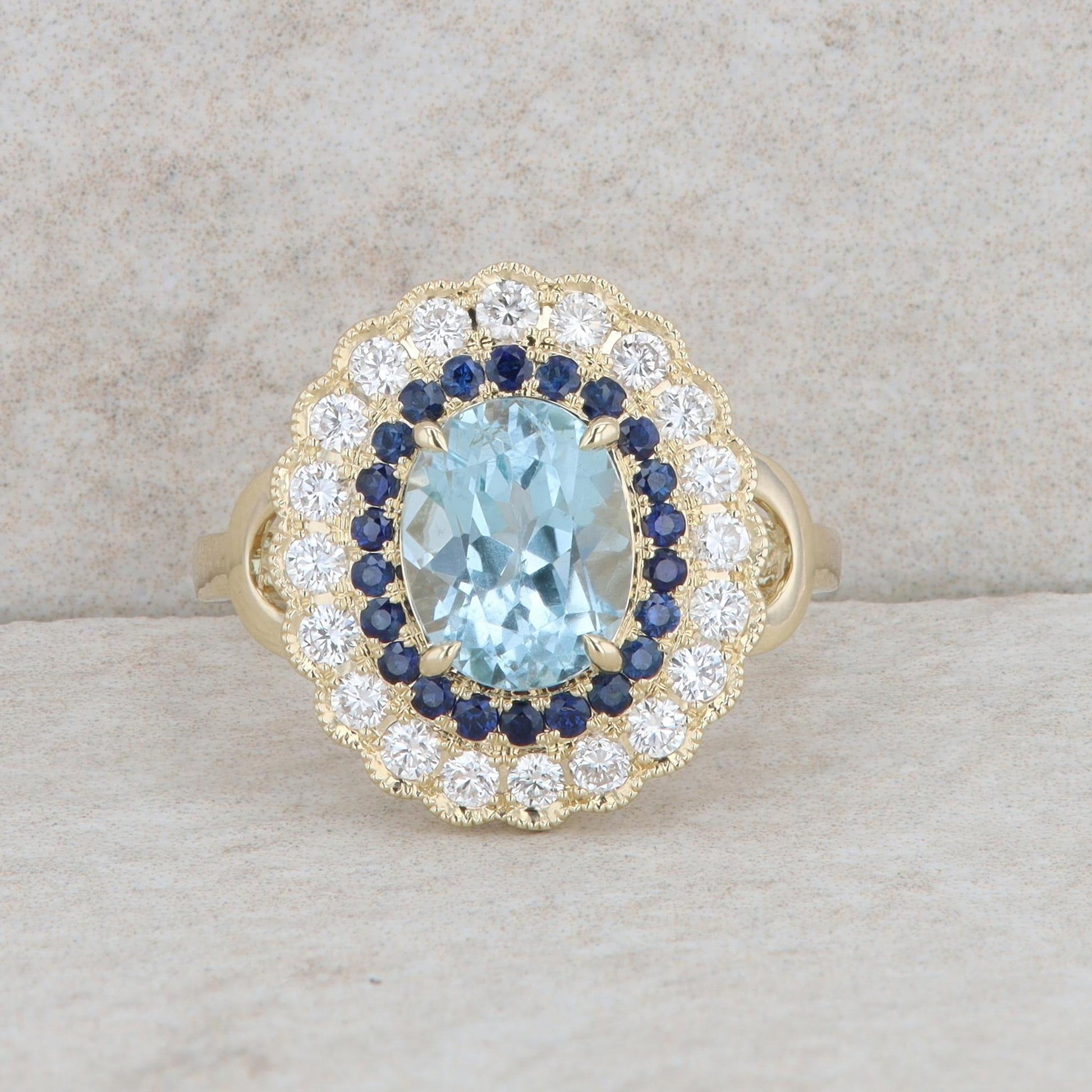 14k Yellow Gold Aquamarine, Sapphire and Diamond Halo Ring