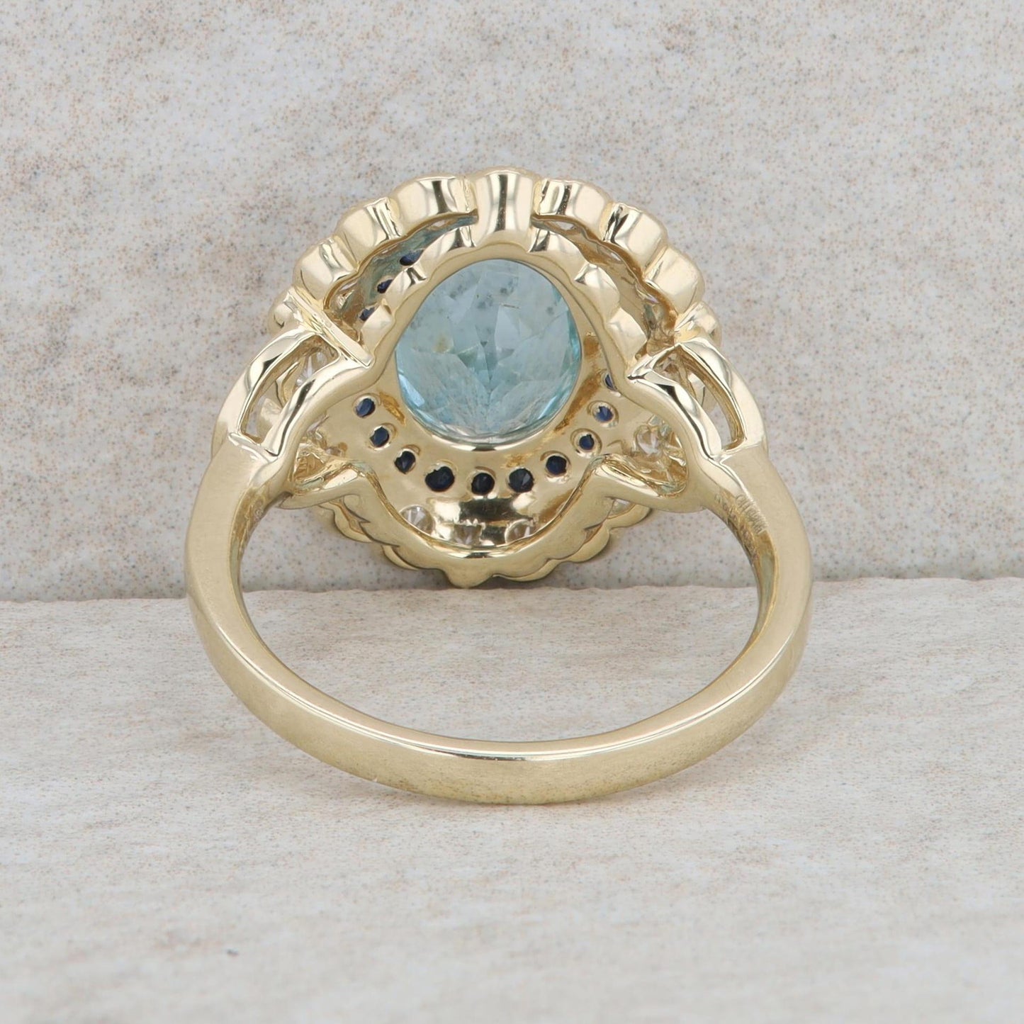 14k Yellow Gold Aquamarine, Sapphire and Diamond Halo Ring