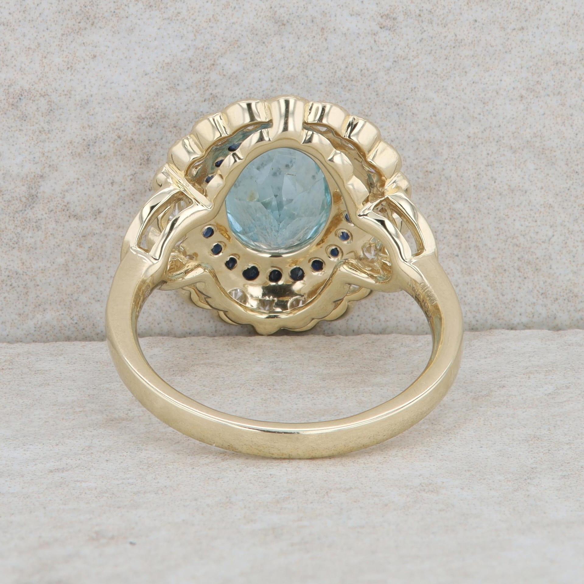 14k Yellow Gold Aquamarine, Sapphire and Diamond Halo Ring