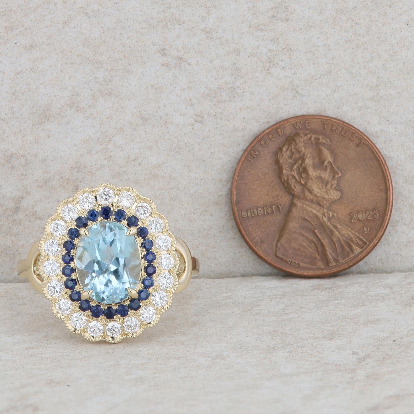 14k Yellow Gold Aquamarine, Sapphire and Diamond Halo Ring