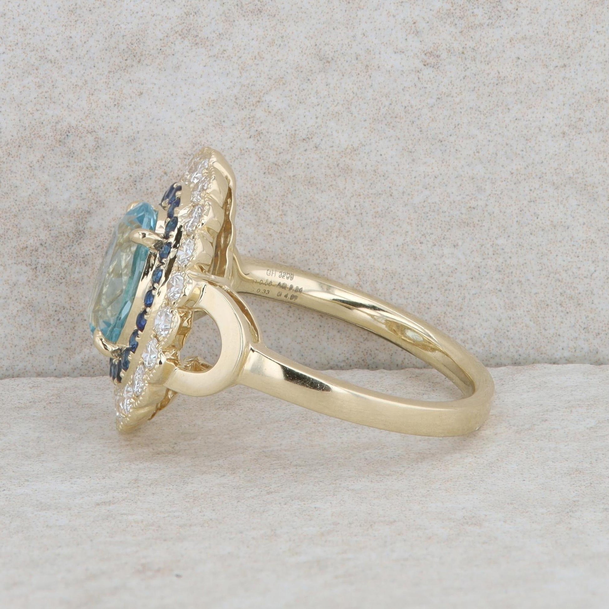 14k Yellow Gold Aquamarine, Sapphire and Diamond Halo Ring