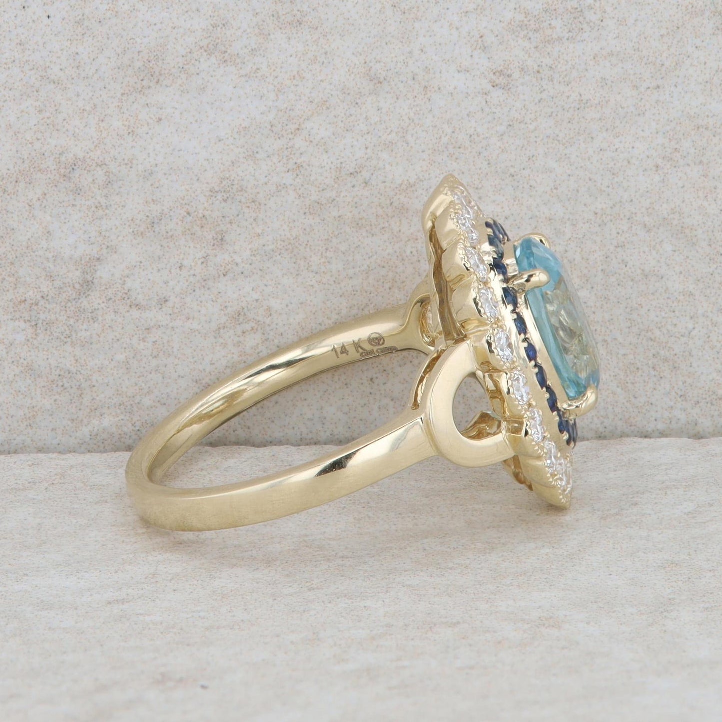 14k Yellow Gold Aquamarine, Sapphire and Diamond Halo Ring