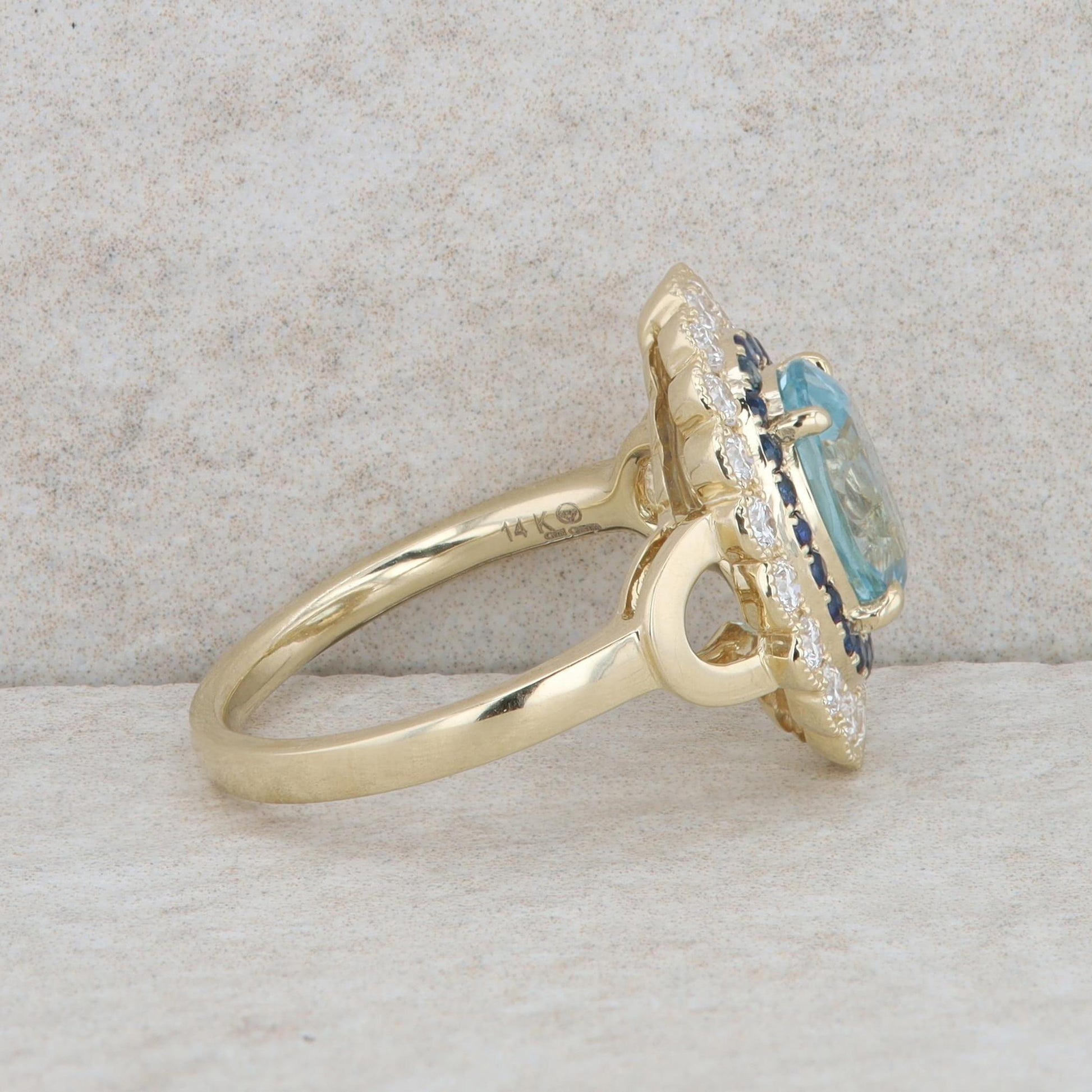 14k Yellow Gold Aquamarine, Sapphire and Diamond Halo Ring