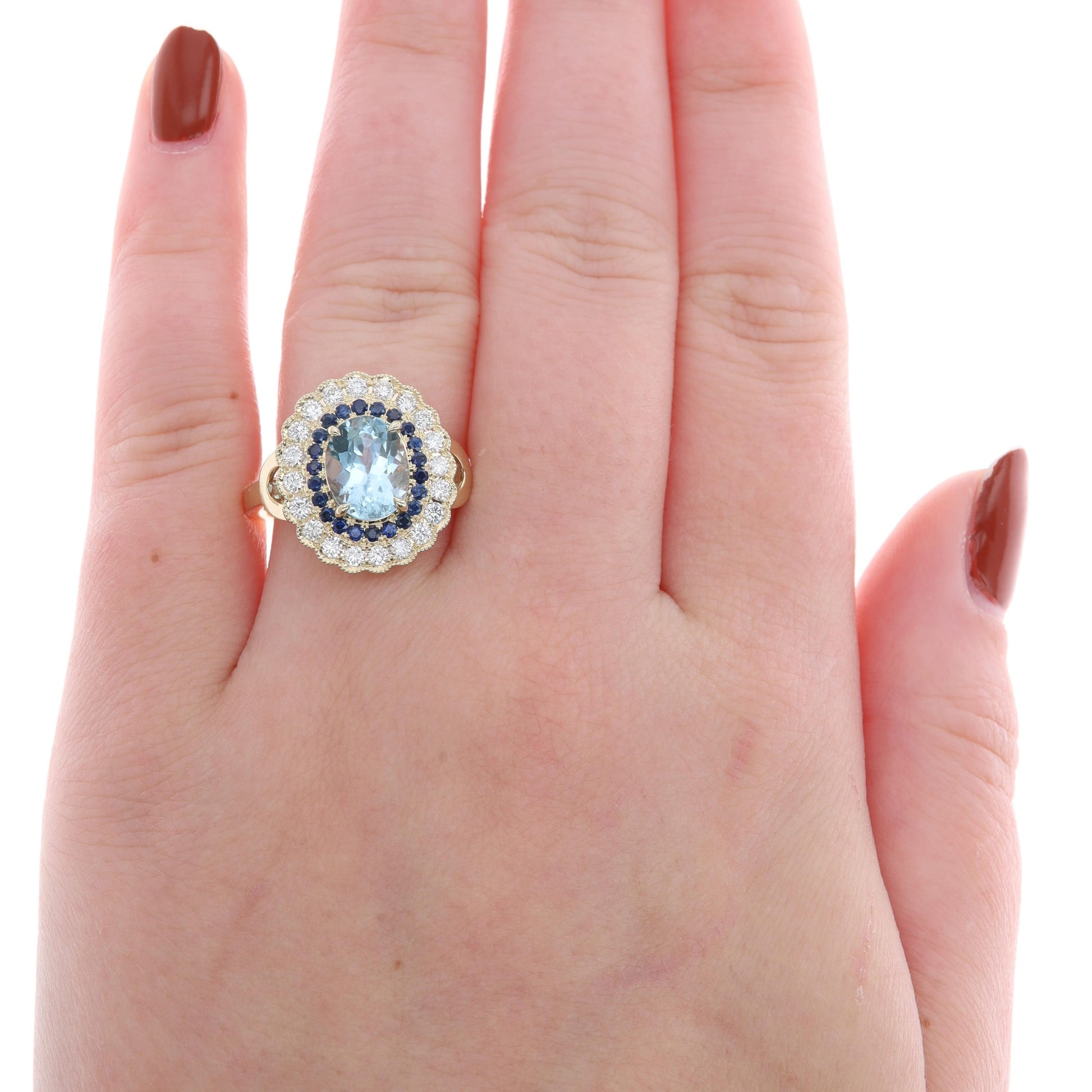 14k Yellow Gold Aquamarine, Sapphire and Diamond Halo Ring