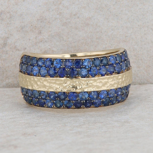 14k Yellow Gold Double Row Sapphire and Hammered Band