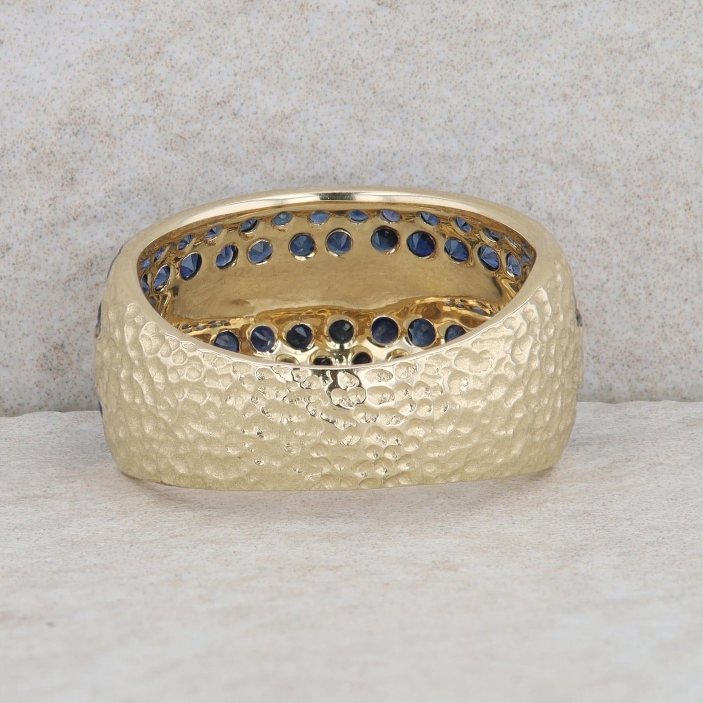 14k Yellow Gold Double Row Sapphire and Hammered Band