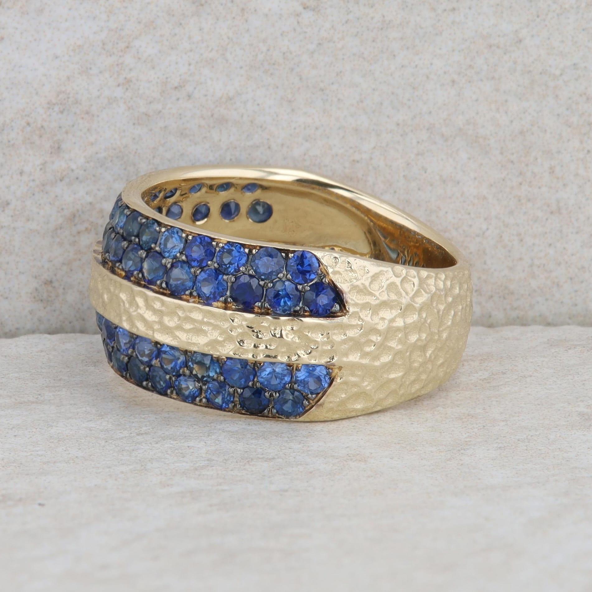 14k Yellow Gold Double Row Sapphire and Hammered Band