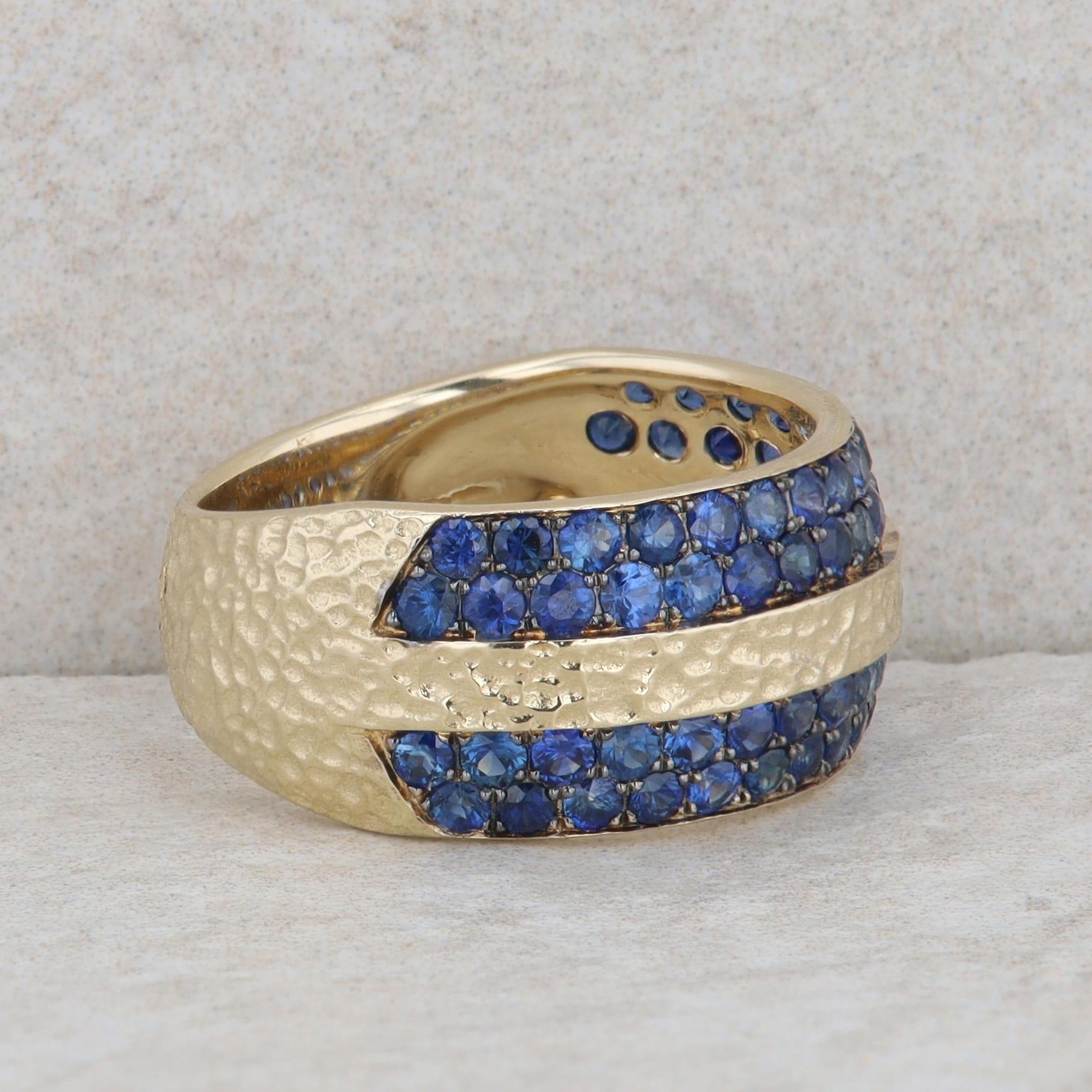 14k Yellow Gold Double Row Sapphire and Hammered Band