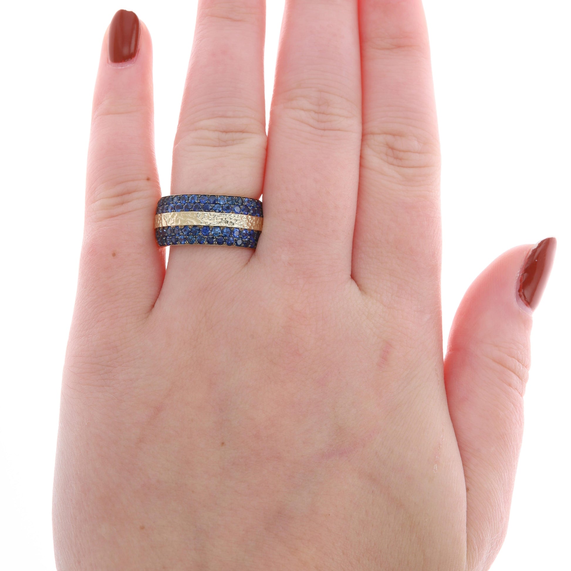 14k Yellow Gold Double Row Sapphire and Hammered Band