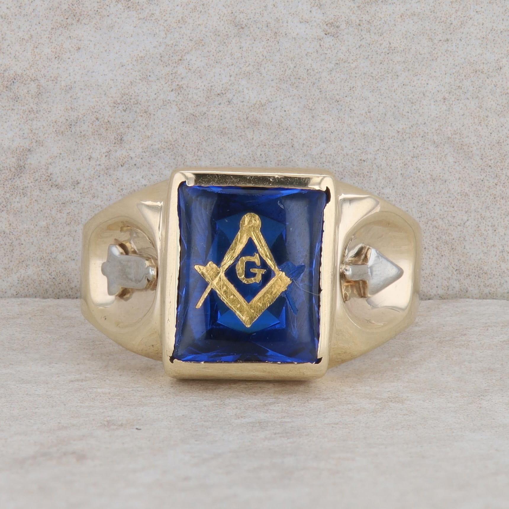 10k Yellow Gold Men's Masonic Synthetic Sapphire Ring