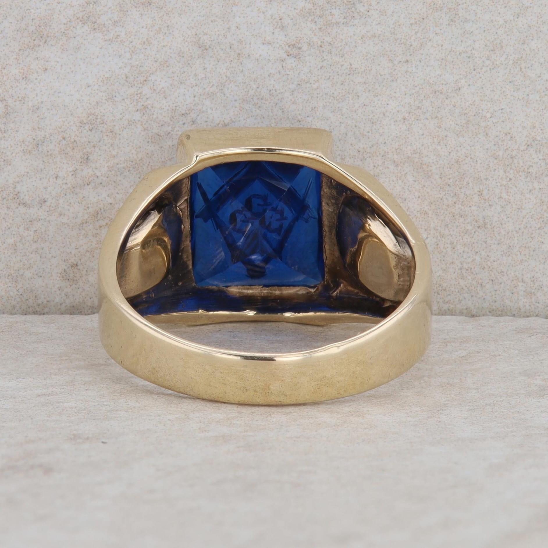 10k Yellow Gold Men's Masonic Synthetic Sapphire Ring