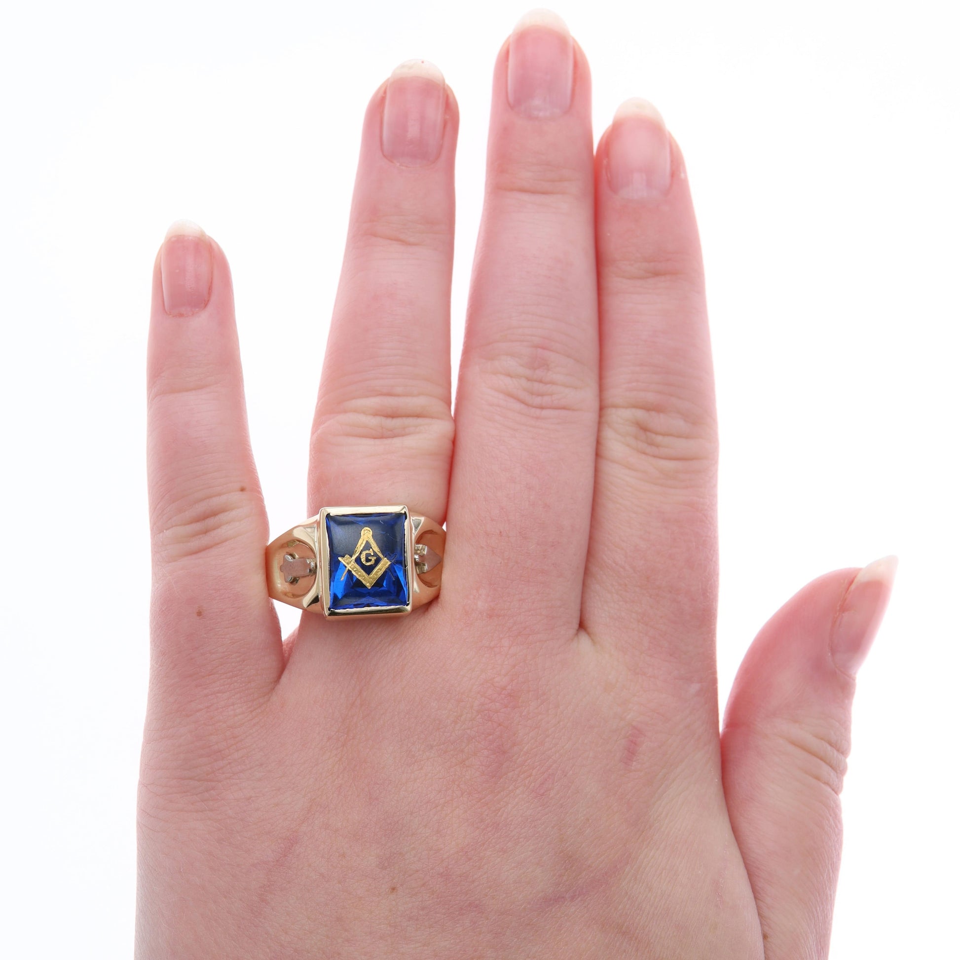 10k Yellow Gold Men's Masonic Synthetic Sapphire Ring