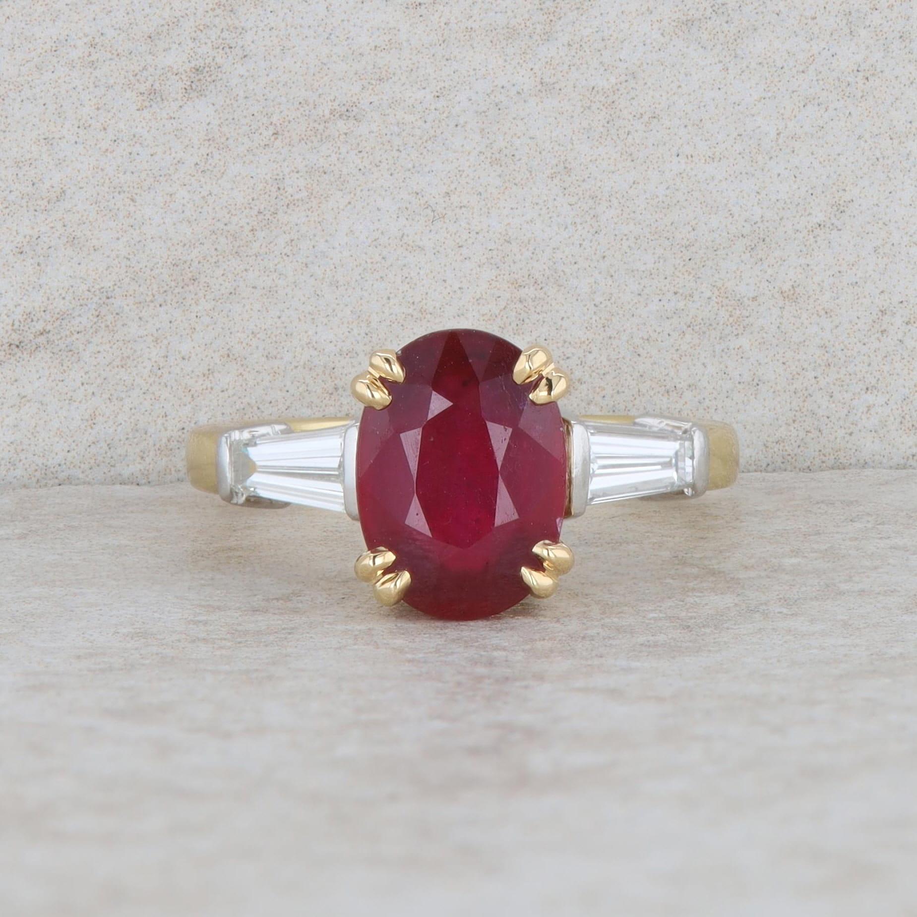 18k Yellow Gold and Platinum Oval Glass Filled Ruby and Diamond Ring