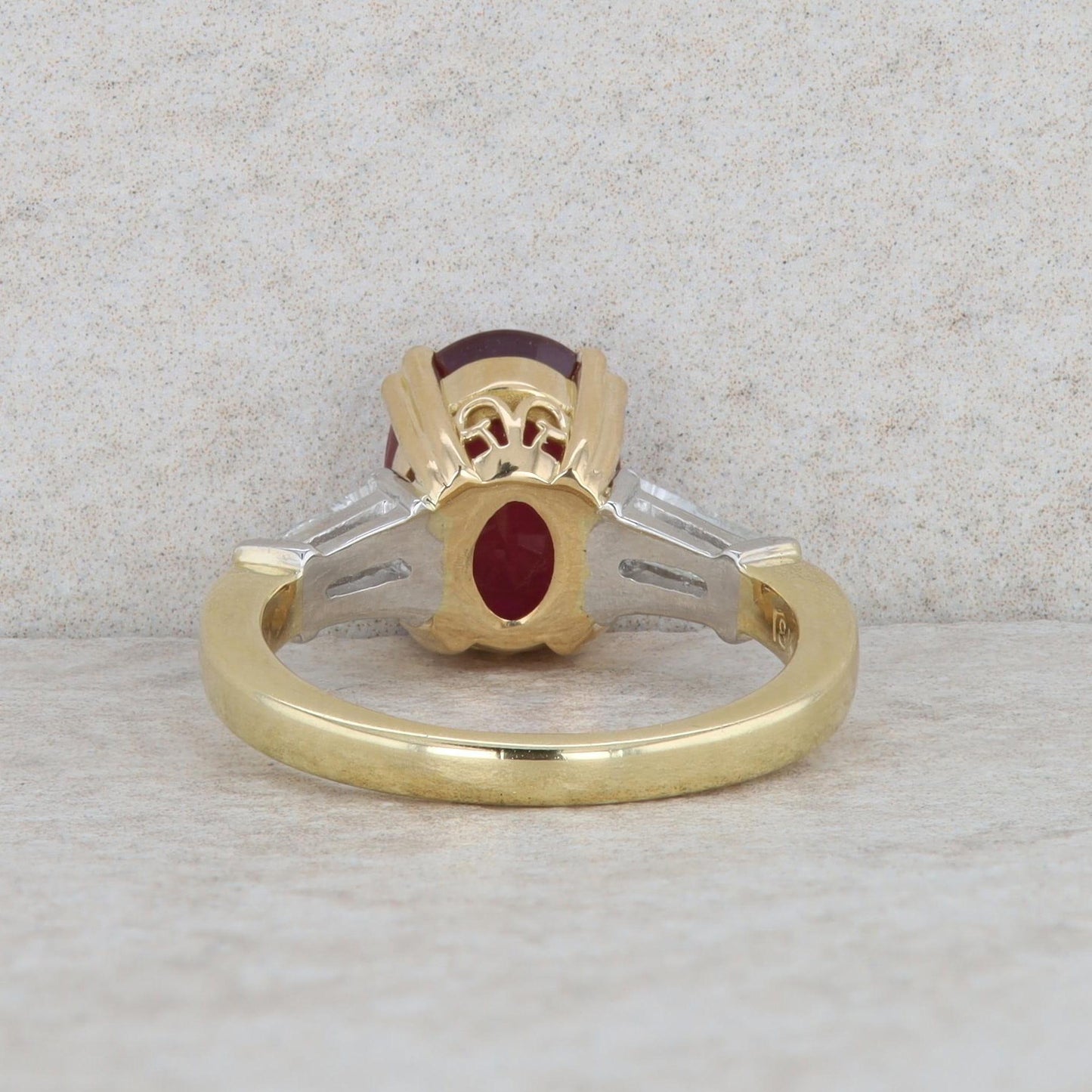 18k Yellow Gold and Platinum Oval Glass Filled Ruby and Diamond Ring