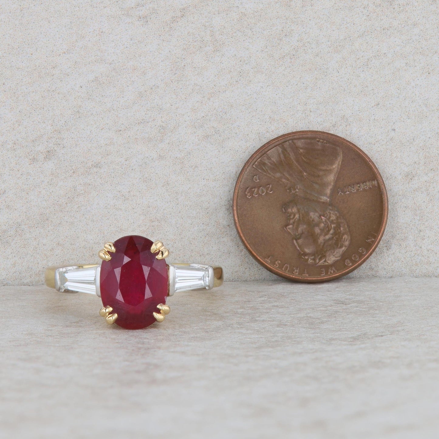 18k Yellow Gold and Platinum Oval Glass Filled Ruby and Diamond Ring