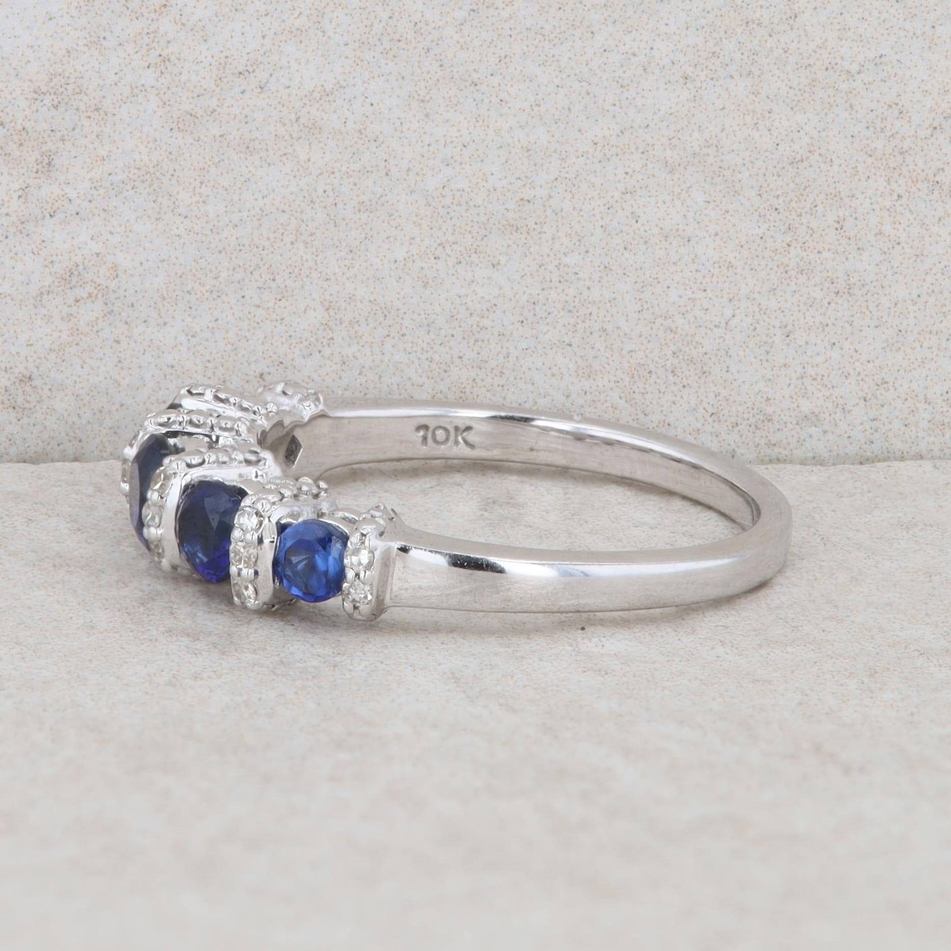 10k White Gold Diamond and Synthetic Sapphire Band