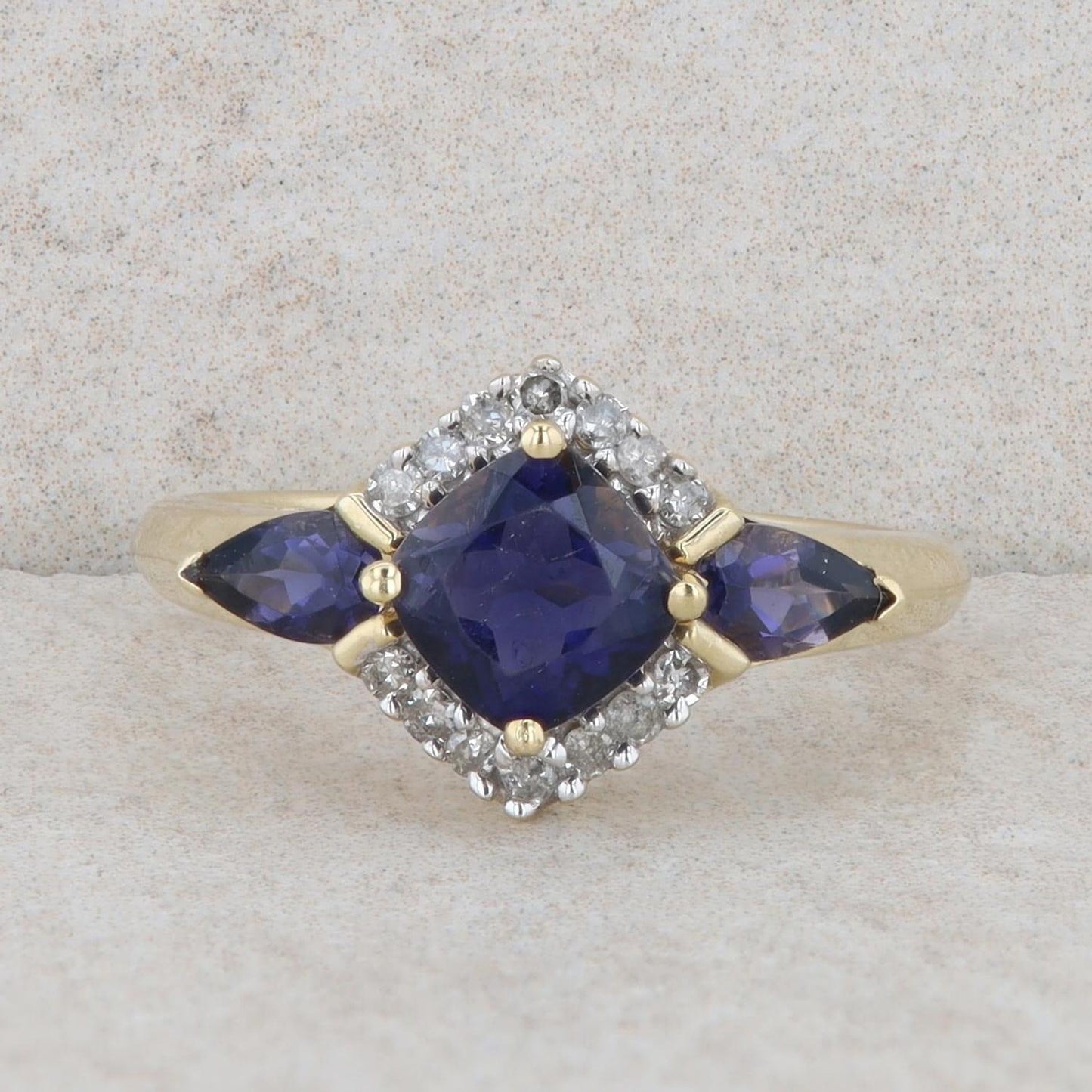 10k Yellow Gold Synthetic Sapphire and Diamond Ring