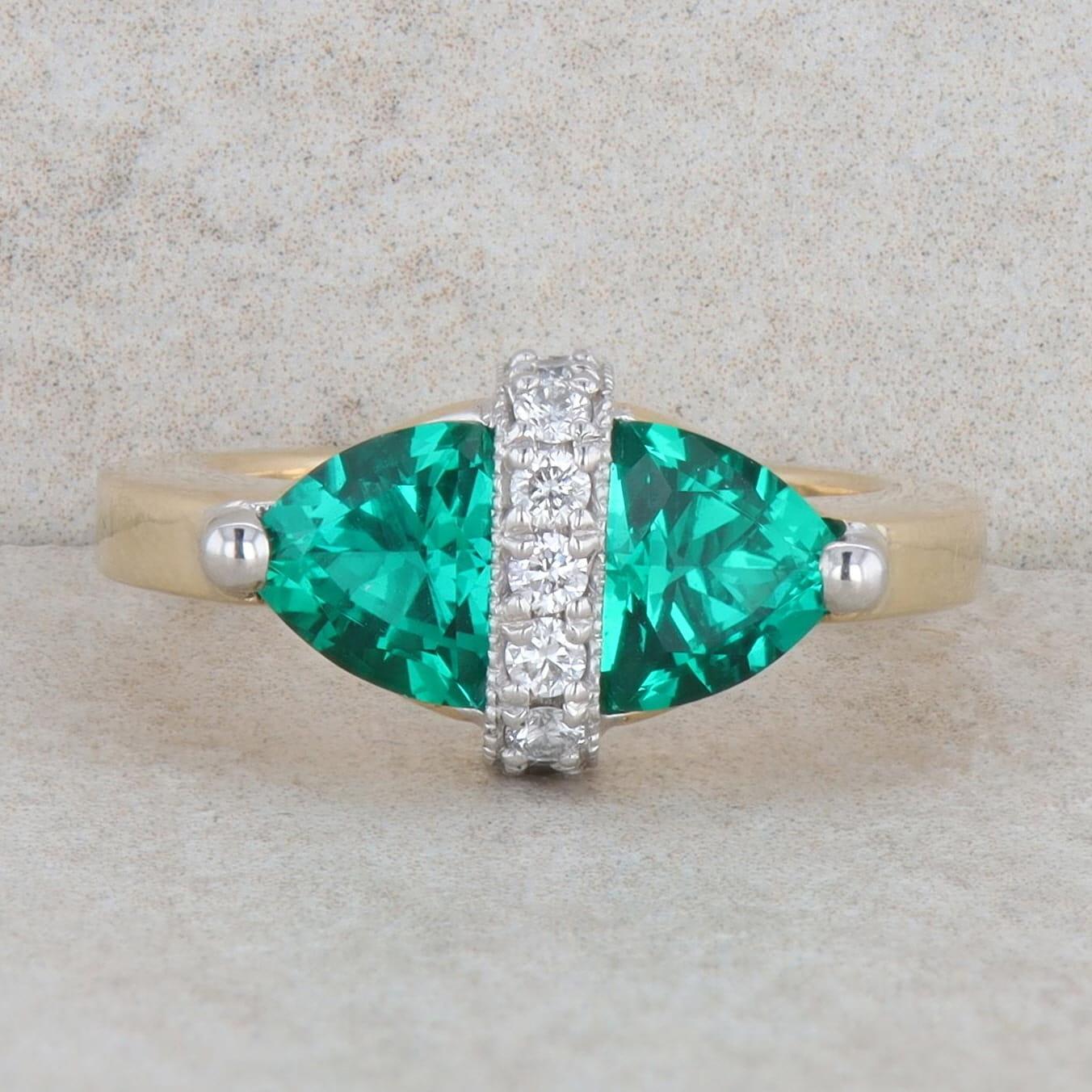 14k Yellow Gold Trillion Lab Grown Emerald and Diamond Ring