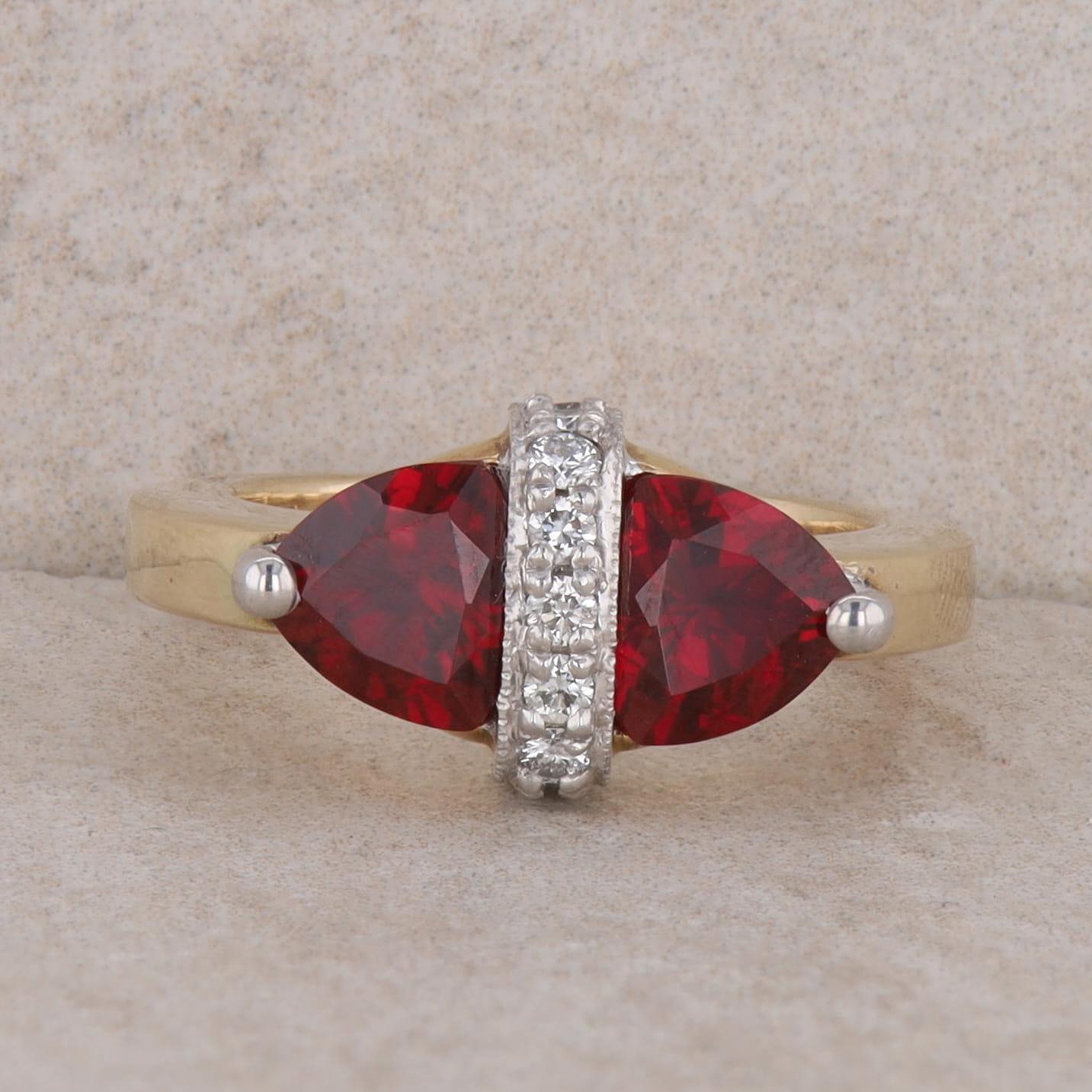 14k Yellow Gold Trillion Garnet and Diamond Ring