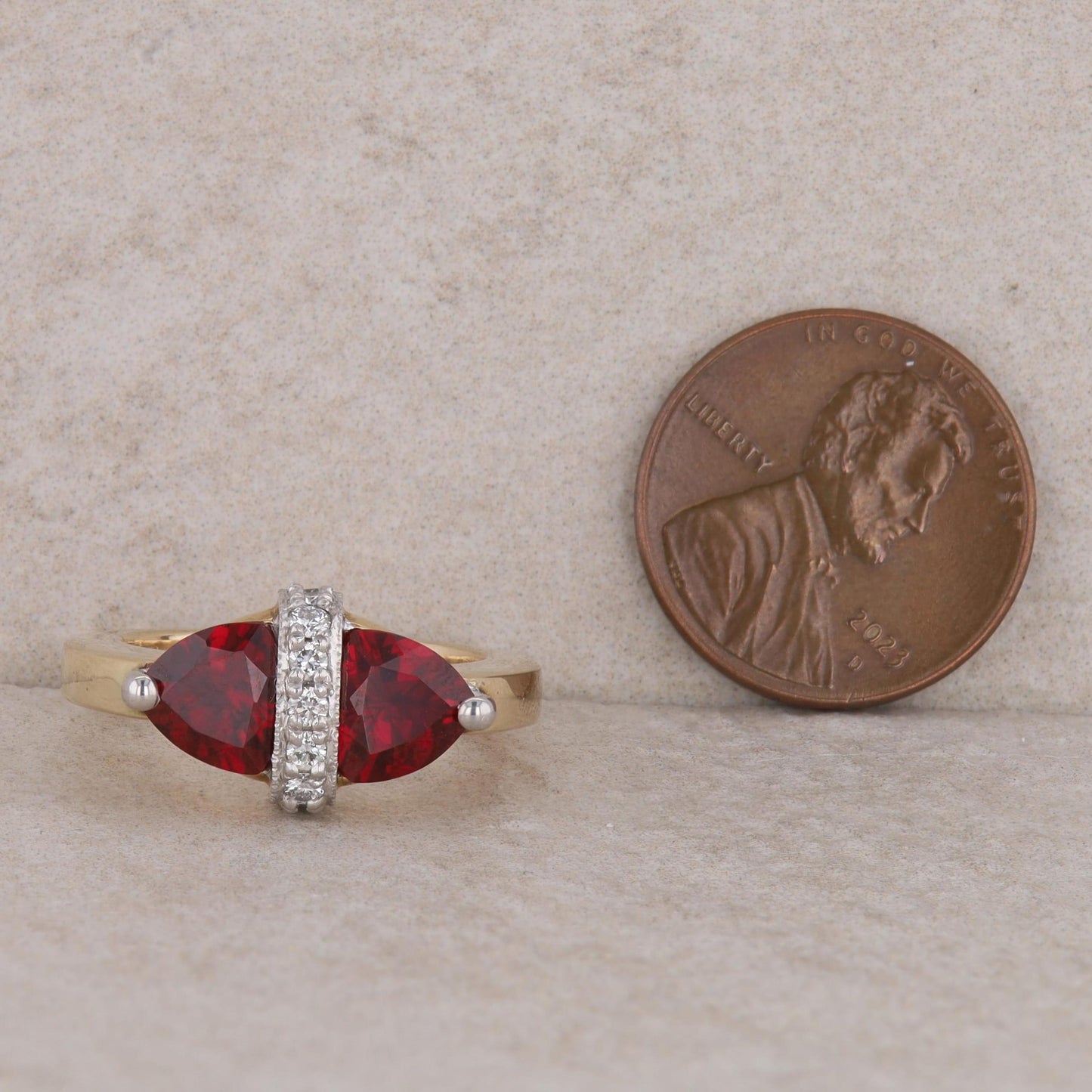 14k Yellow Gold Trillion Garnet and Diamond Ring