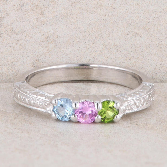 14k White Gold Aquamarine, Pink Tourmaline and Peridot Mothers Ring