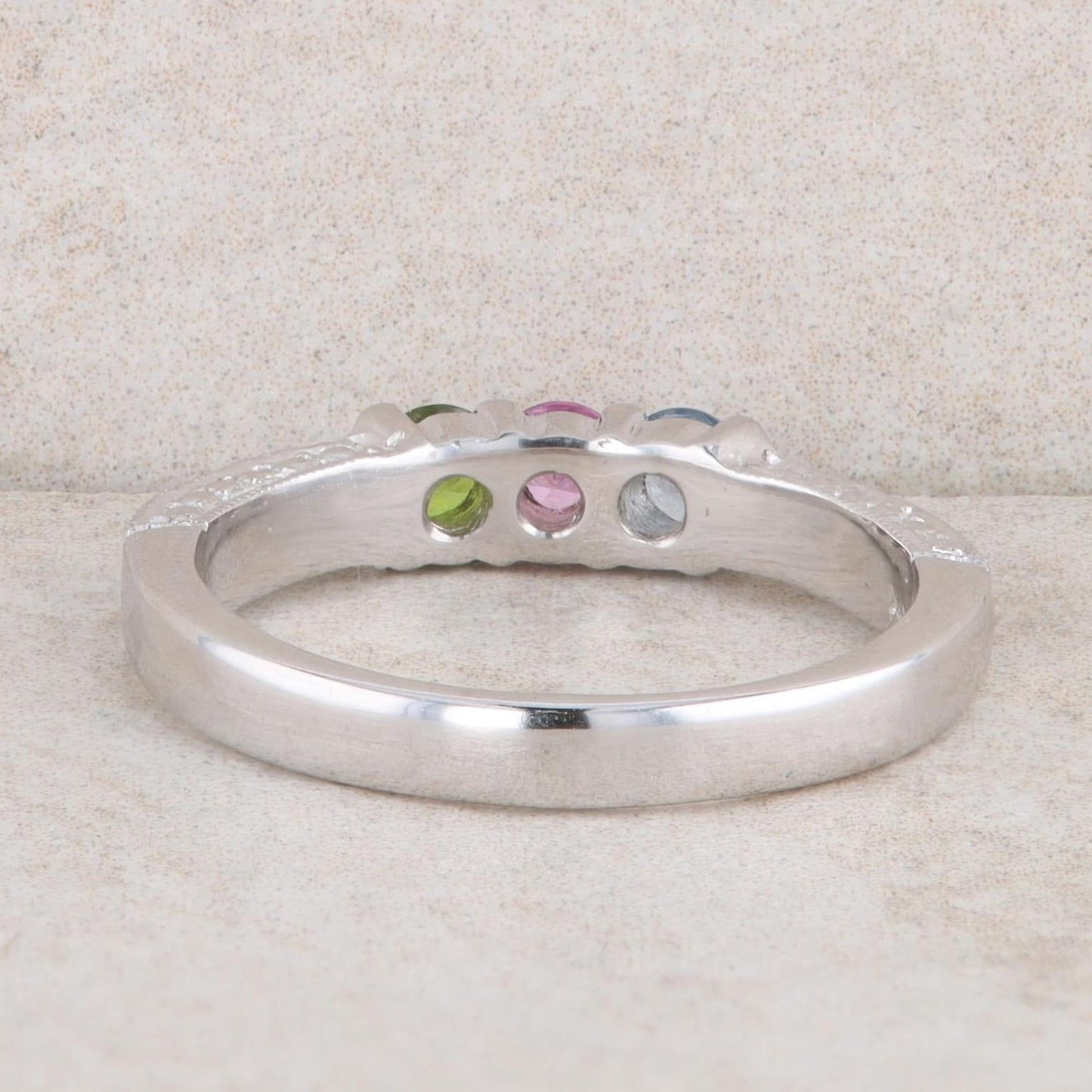 14k White Gold Aquamarine, Pink Tourmaline and Peridot Mothers Ring