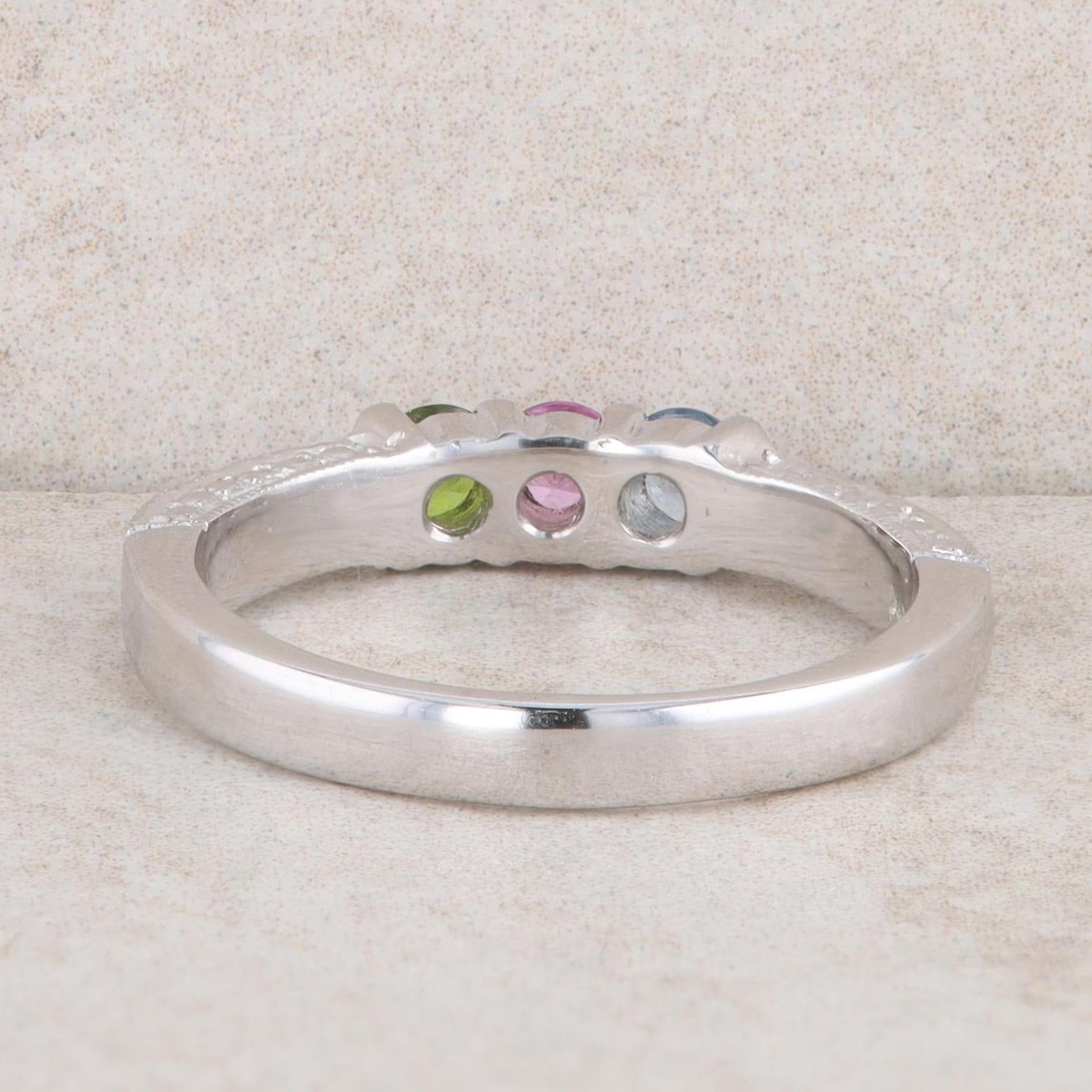 14k White Gold Aquamarine, Pink Tourmaline and Peridot Mothers Ring