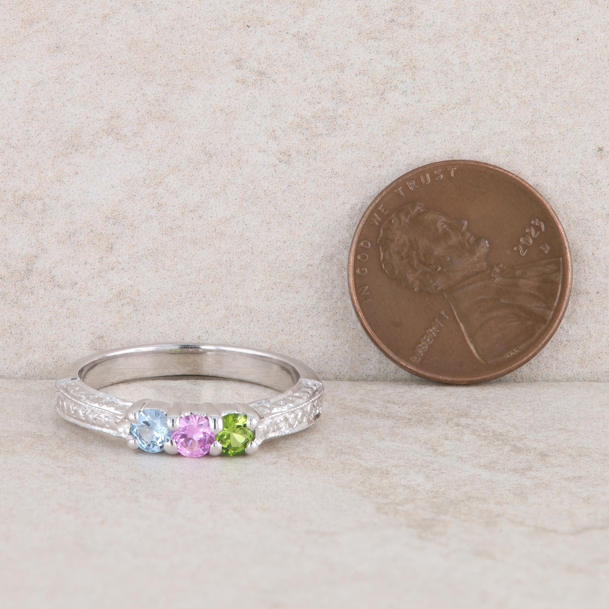 14k White Gold Aquamarine, Pink Tourmaline and Peridot Mothers Ring