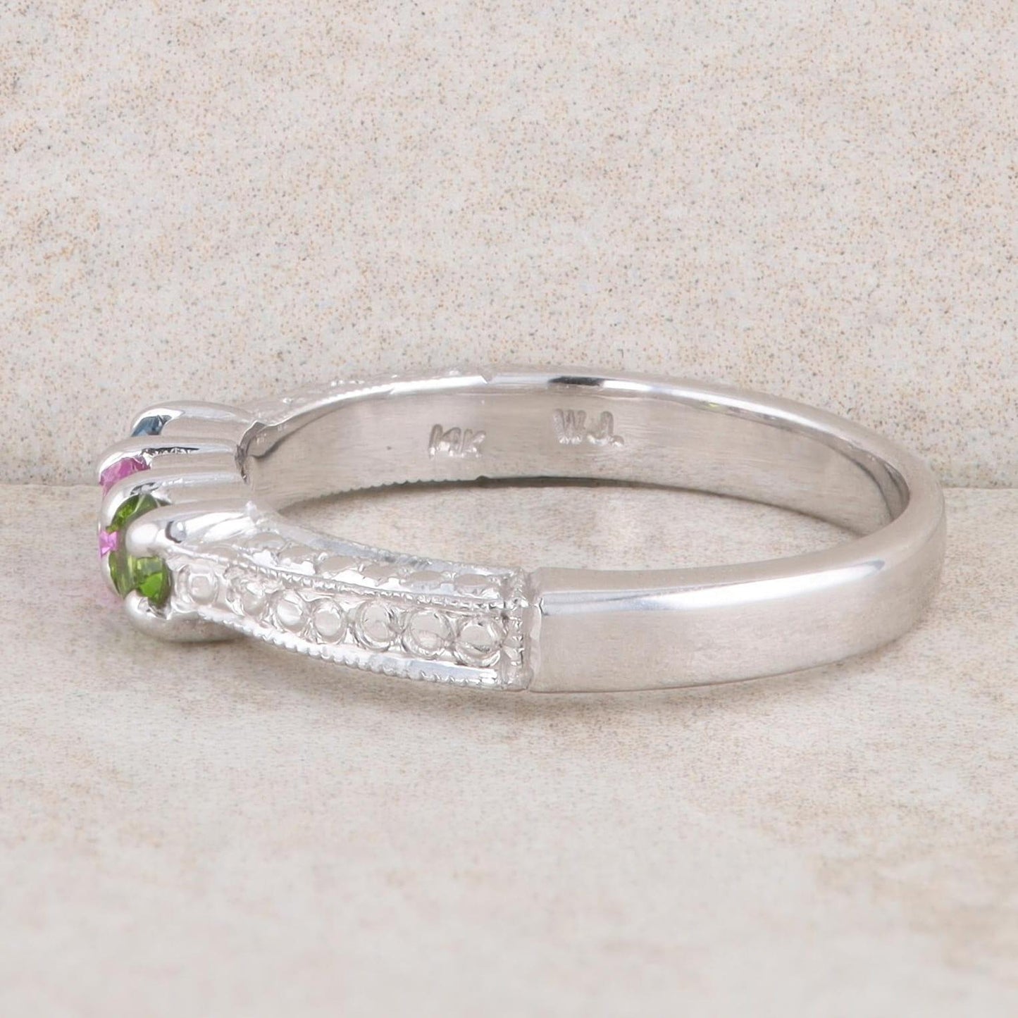 14k White Gold Aquamarine, Pink Tourmaline and Peridot Mothers Ring