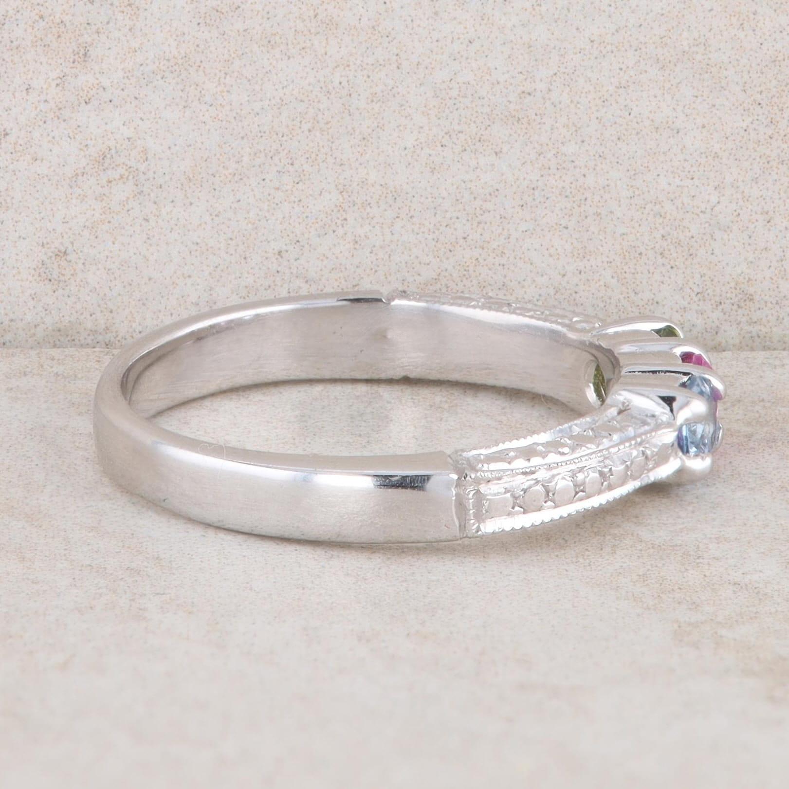 14k White Gold Aquamarine, Pink Tourmaline and Peridot Mothers Ring