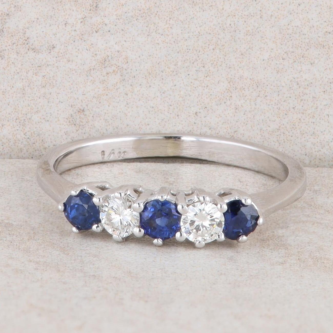 14k White Gold Sapphire and Diamond Five Stone Ring