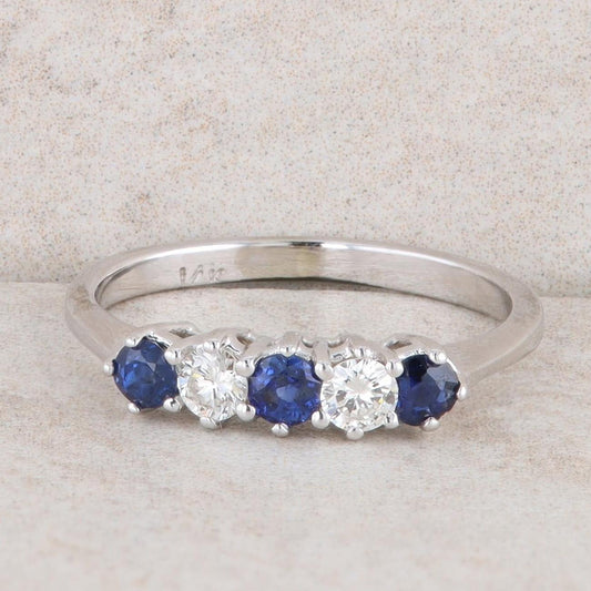 14k White Gold Sapphire and Diamond Five Stone Ring