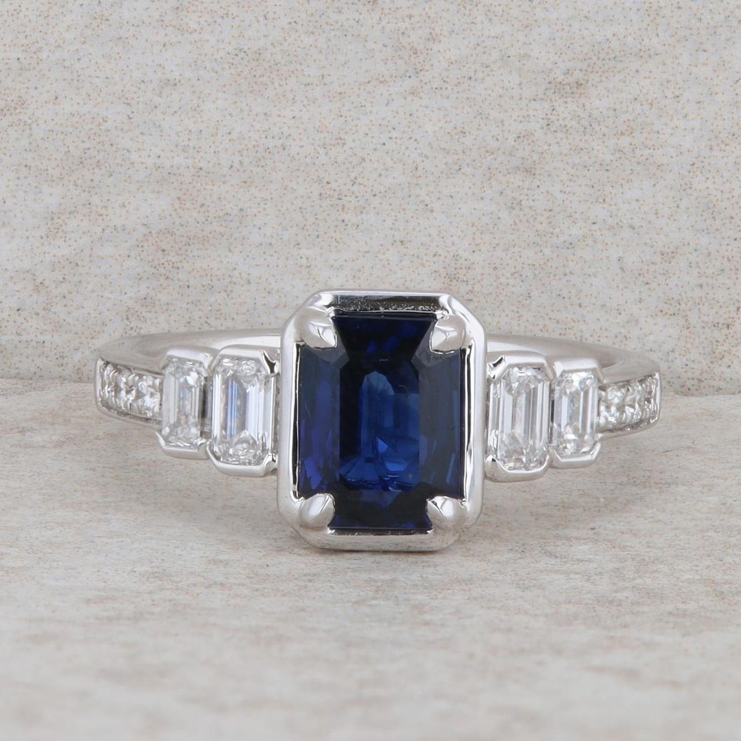 18k White Gold Sapphire Emerald Cut and Diamond Ring