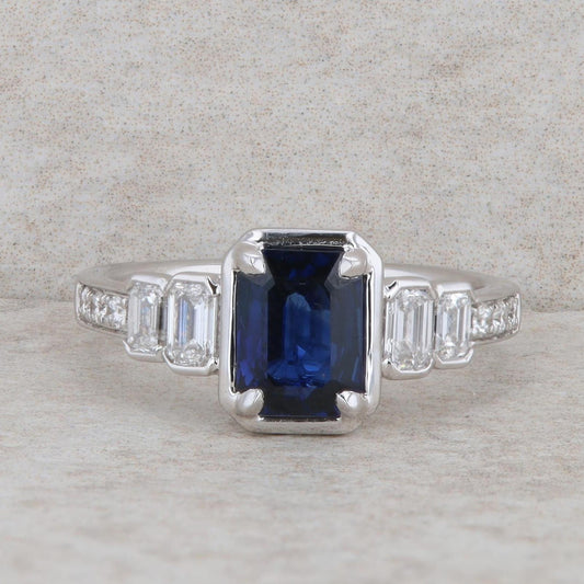 18k White Gold Sapphire Emerald Cut and Diamond Ring