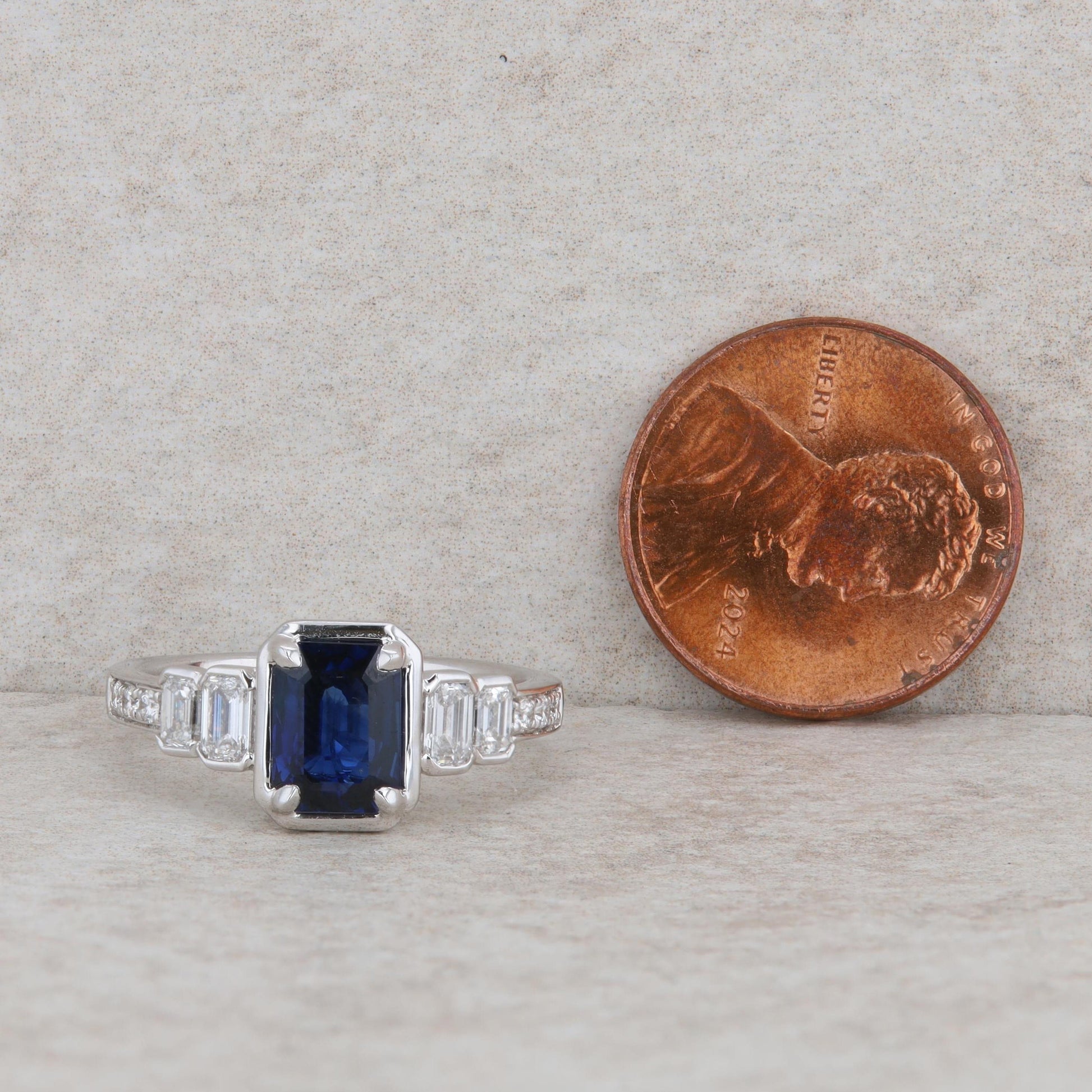 18k White Gold Sapphire Emerald Cut and Diamond Ring