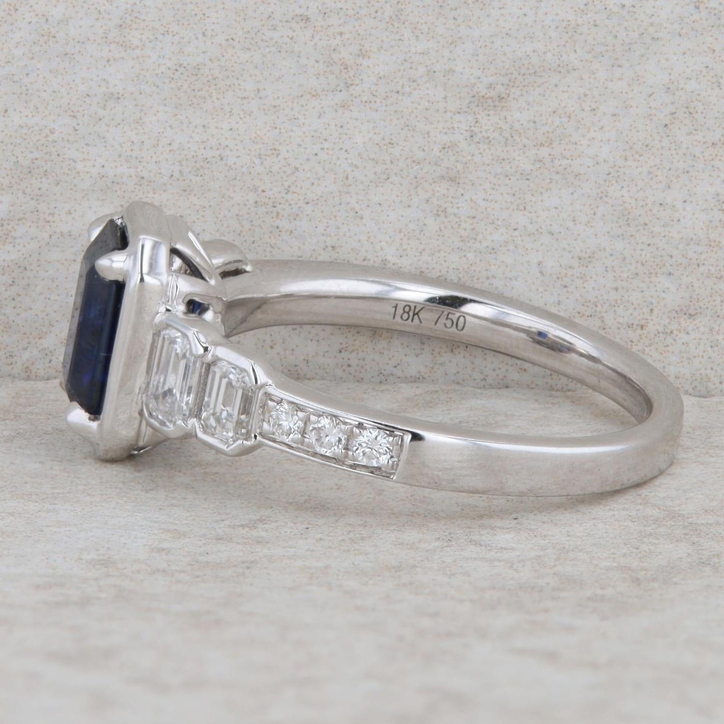 18k White Gold Sapphire Emerald Cut and Diamond Ring