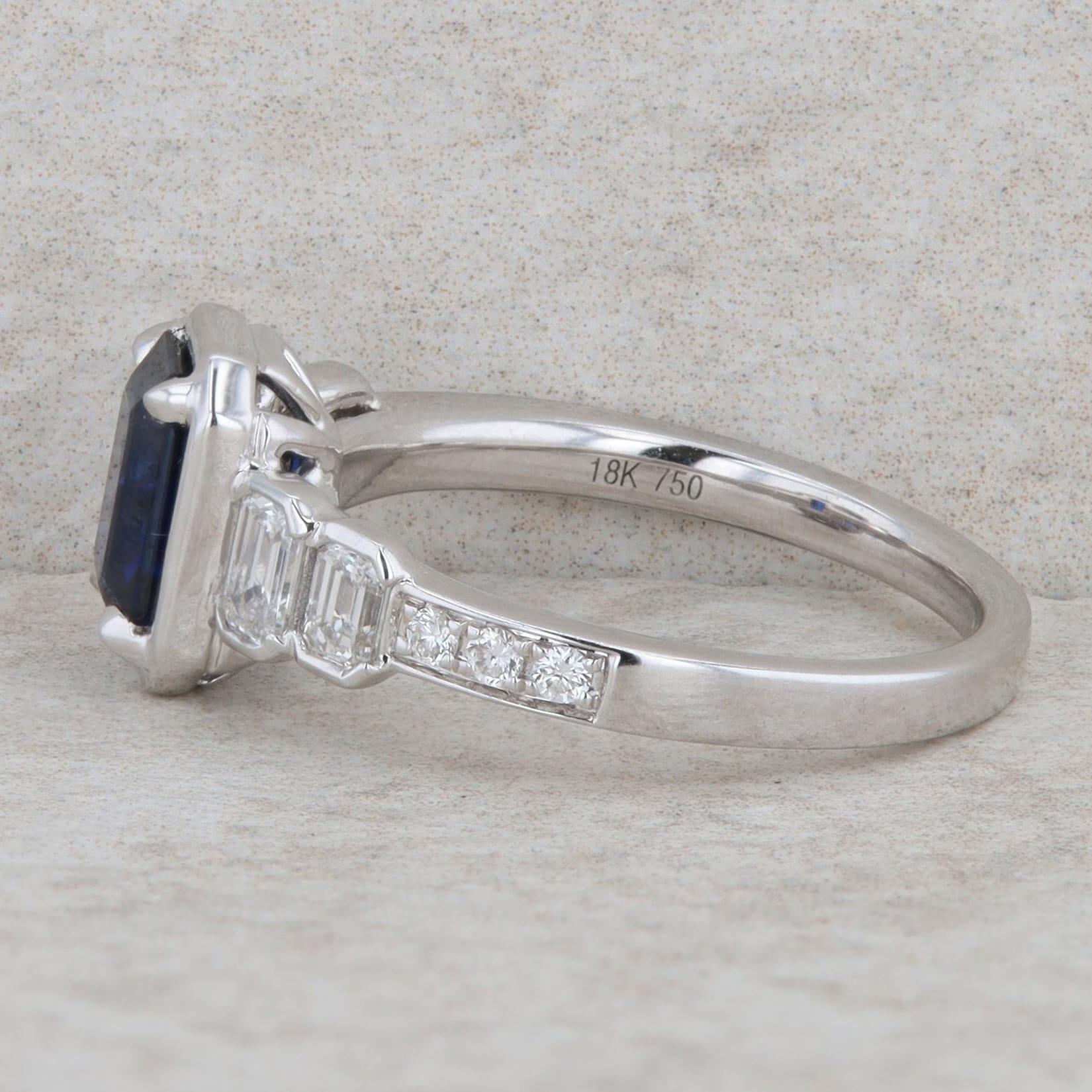 18k White Gold Sapphire Emerald Cut and Diamond Ring