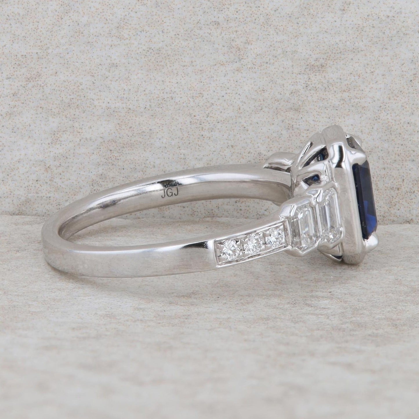 18k White Gold Sapphire Emerald Cut and Diamond Ring