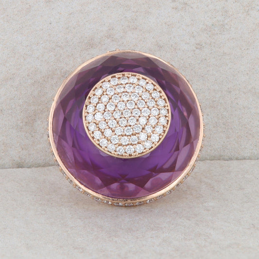 14k Rose Gold Domed Amethyst & Pave Diamond Ring