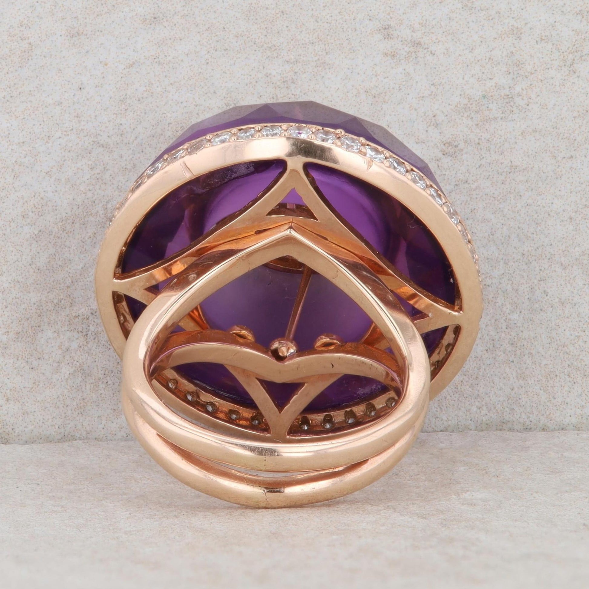 14k Rose Gold Domed Amethyst & Pave Diamond Ring