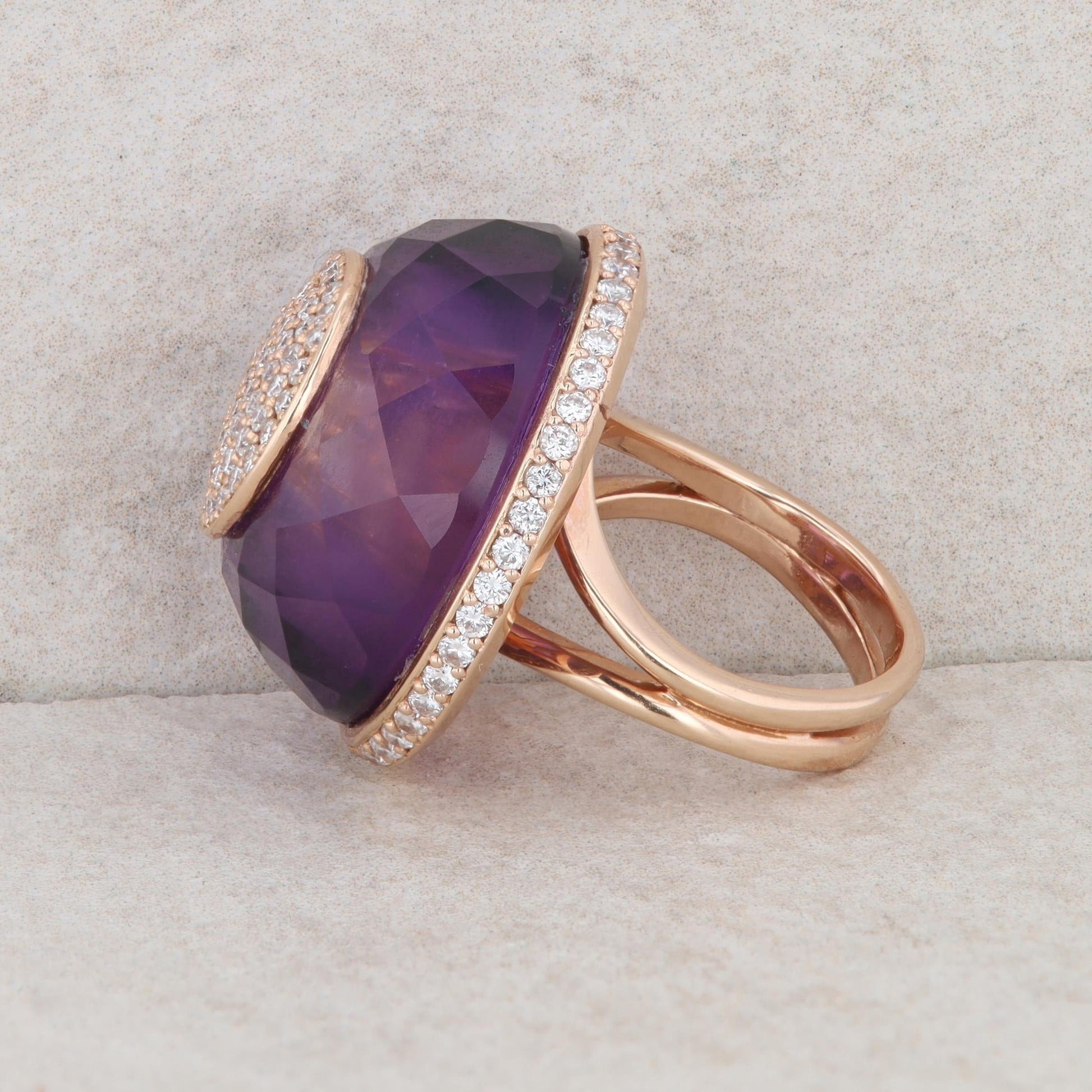 14k Rose Gold Domed Amethyst & Pave Diamond Ring