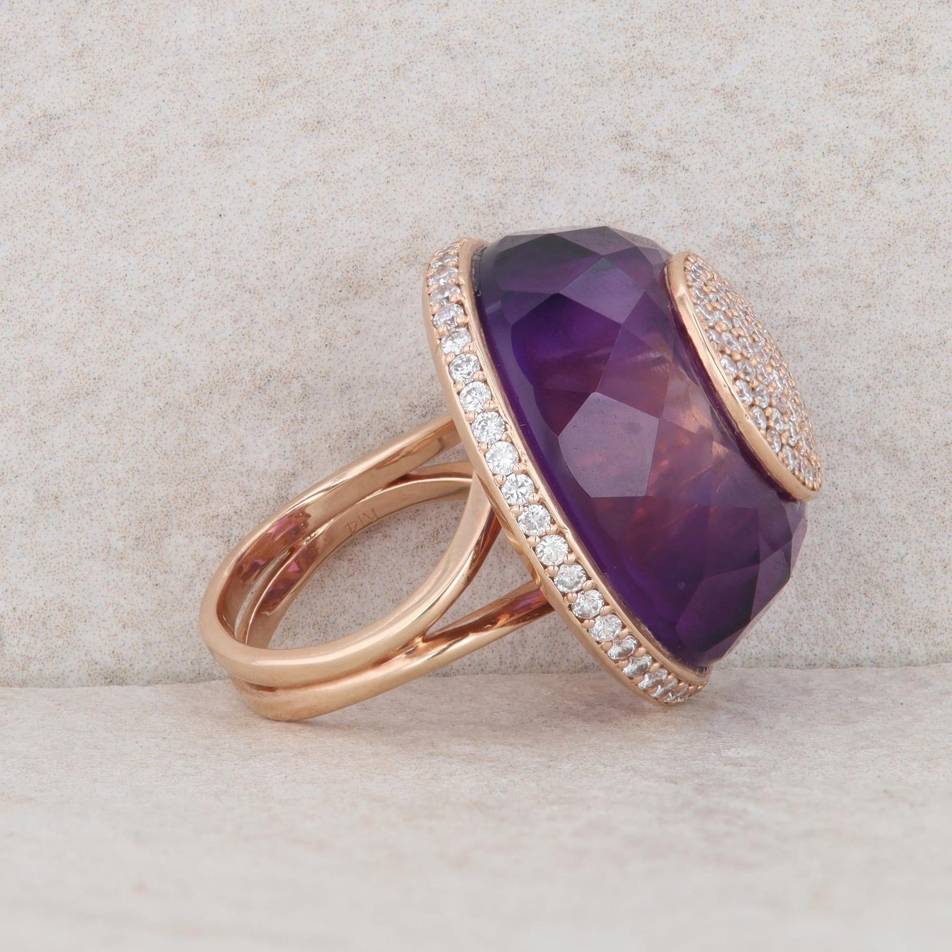 14k Rose Gold Domed Amethyst & Pave Diamond Ring