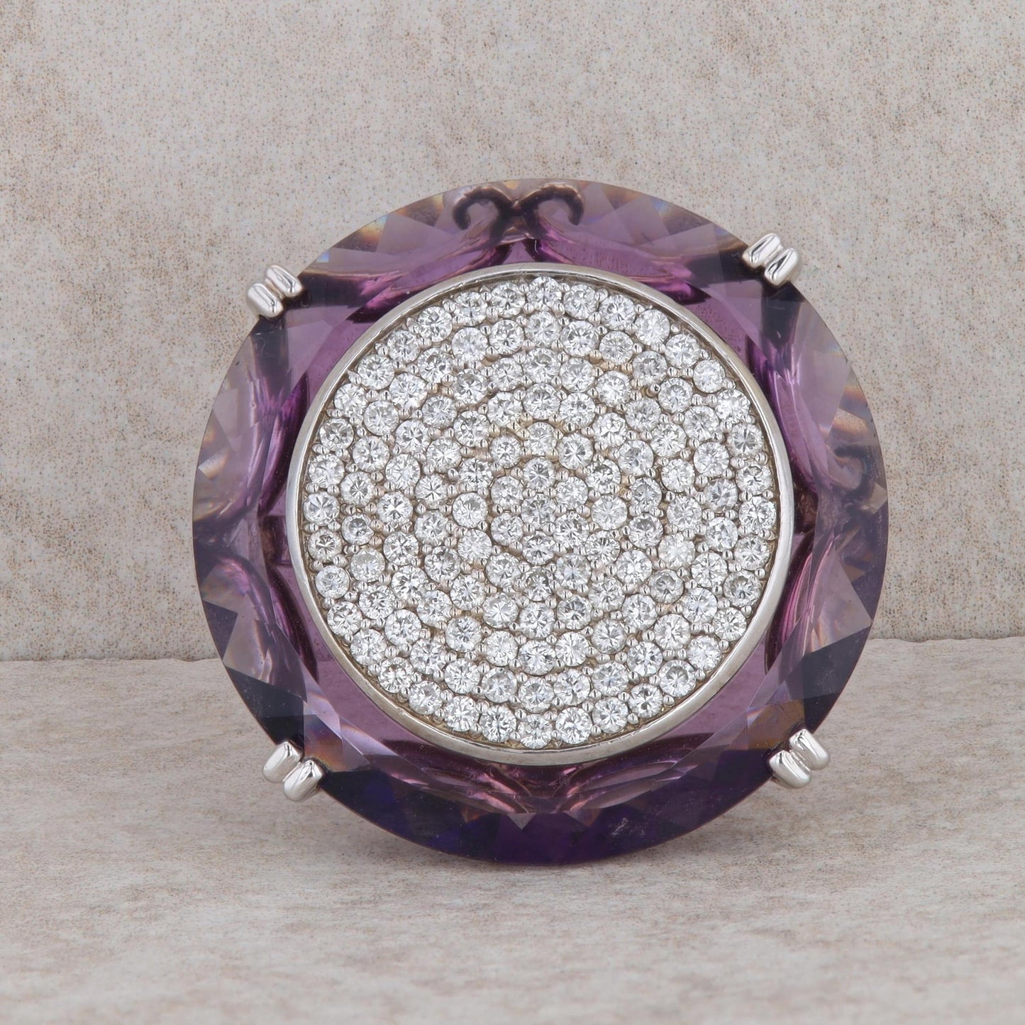 14k White Gold Circular Amethyst & Diamond Pave Split Shank Ring