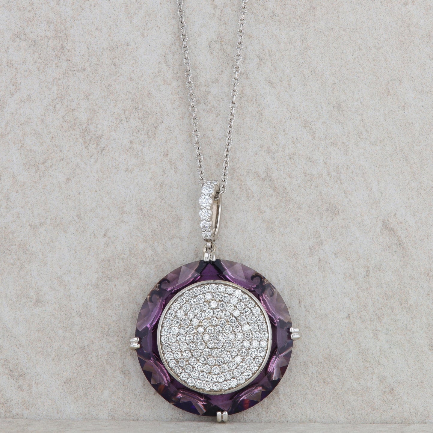14k White Gold Circular Amethyst & Diamond Pave Necklace