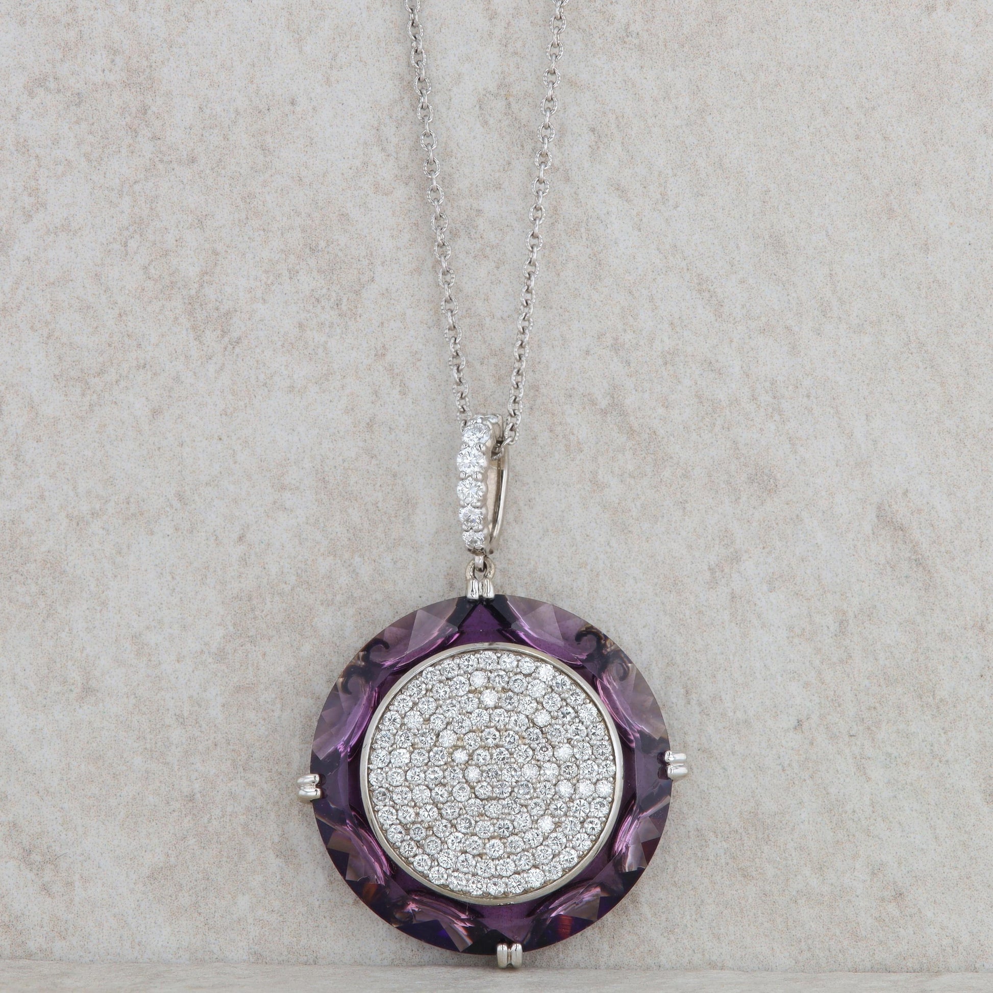 14k White Gold Circular Amethyst & Diamond Pave Necklace