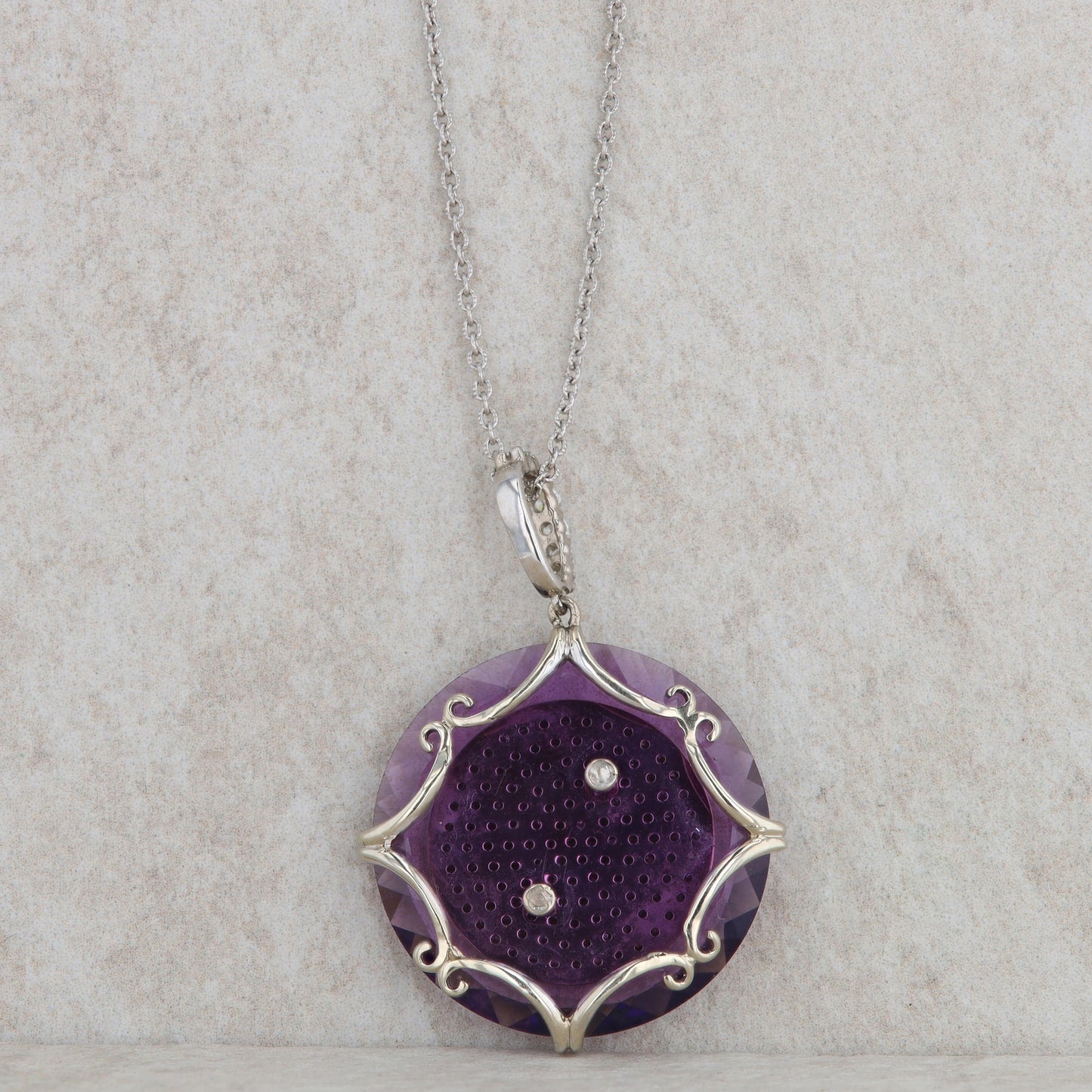 14k White Gold Circular Amethyst & Diamond Pave Necklace