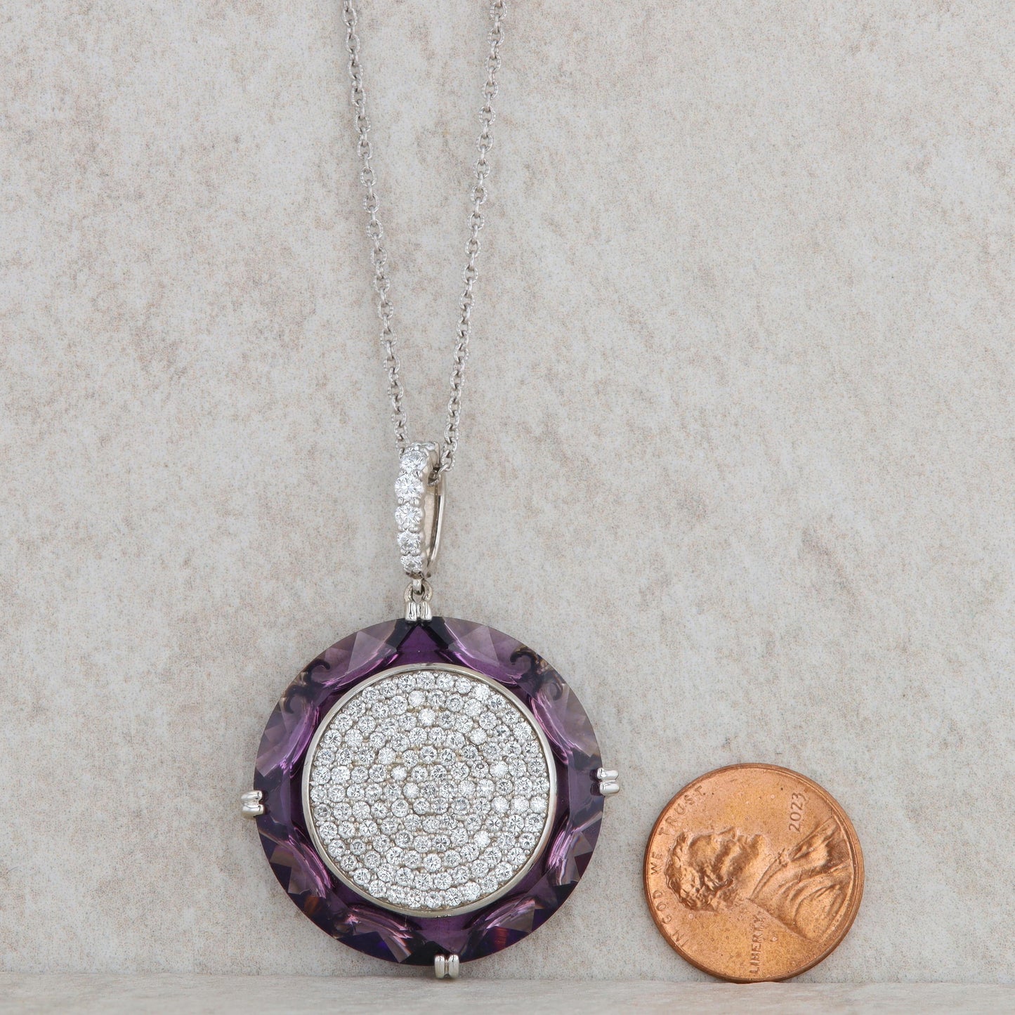 14k White Gold Circular Amethyst & Diamond Pave Necklace