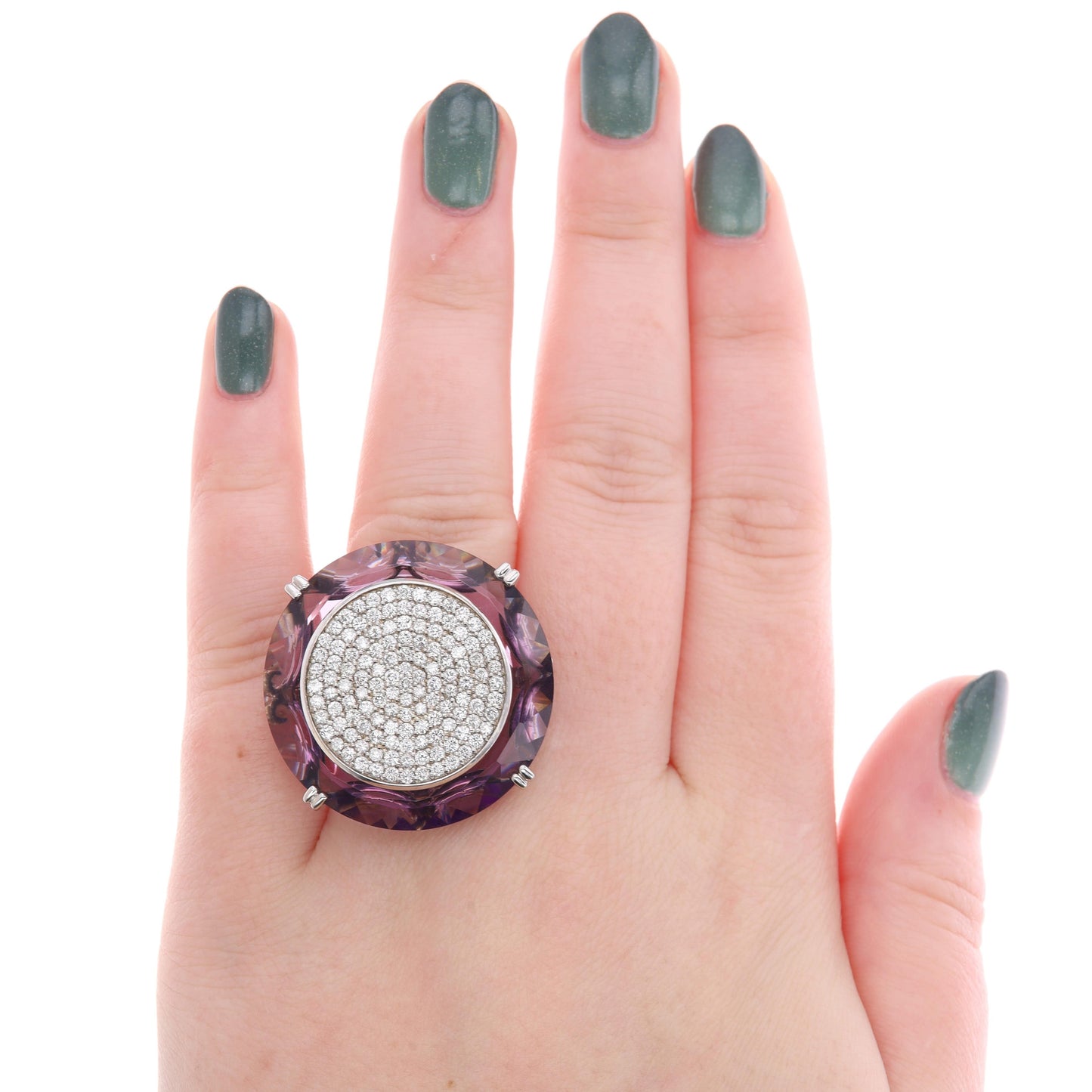 14k White Gold Circular Amethyst & Diamond Pave Split Shank Ring